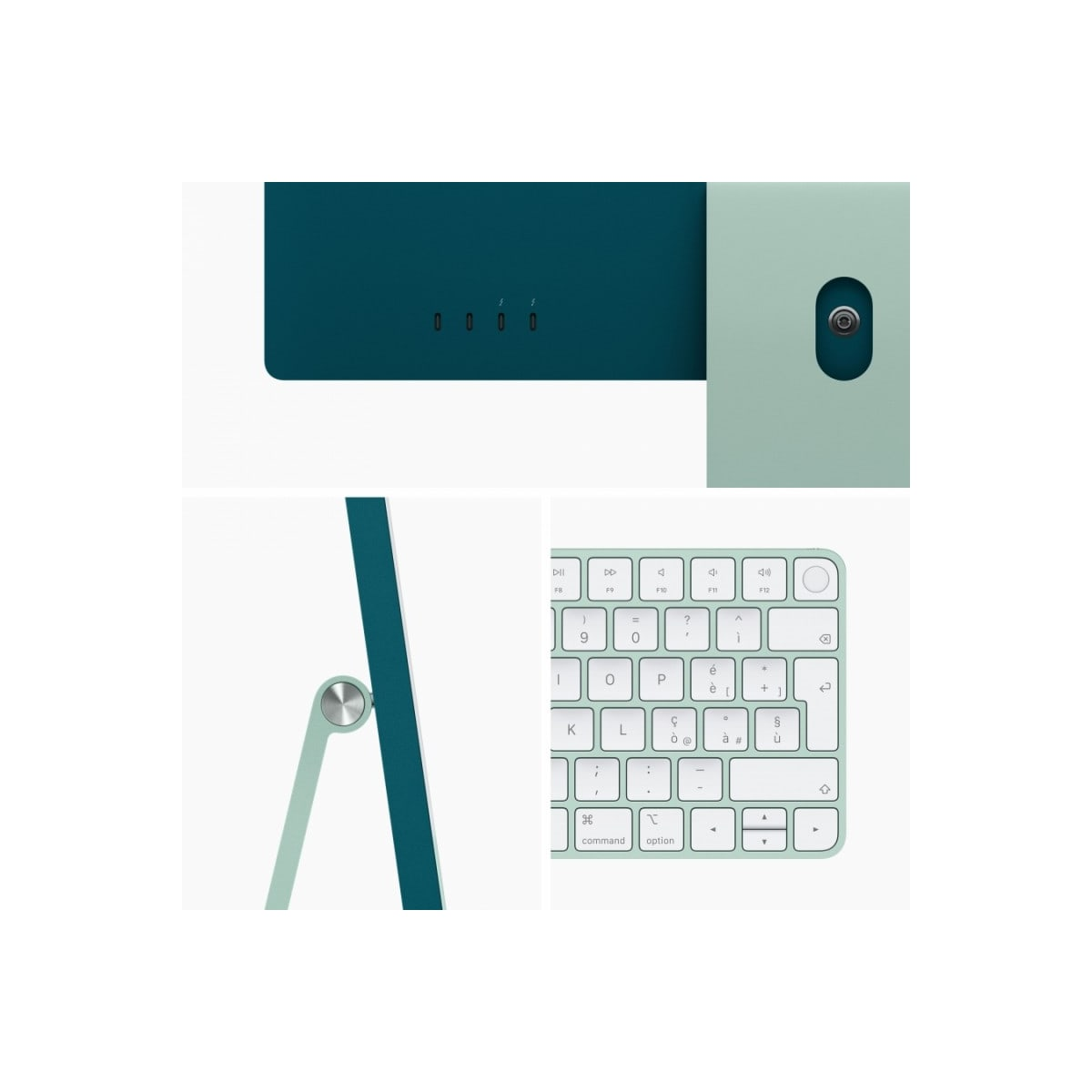 Nowoczesna konfiguracja komputera w kolorze niebiesko-zielonym i miętowym. Zawiera monitor i klawiaturę.