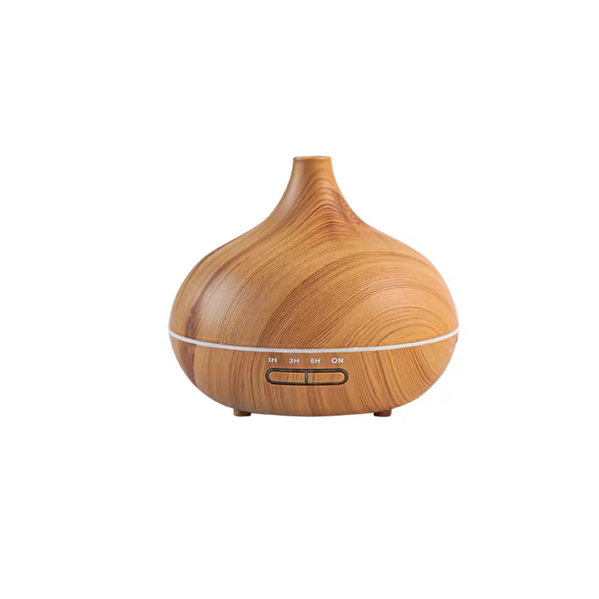 Ein Holz gemusterter Diffusor für ätherische Öle mit Knöpfen und Einstellungen auf weißem Untergrund.