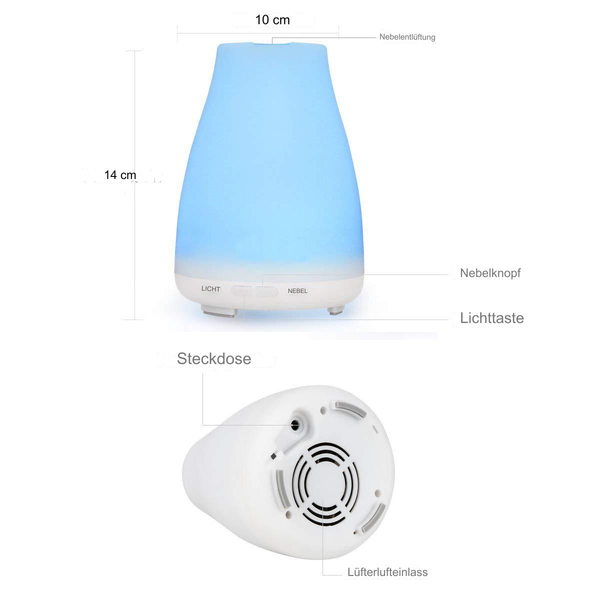 Weißer Diffusor für ätherische Öle mit Abmessungen und Etiketten.