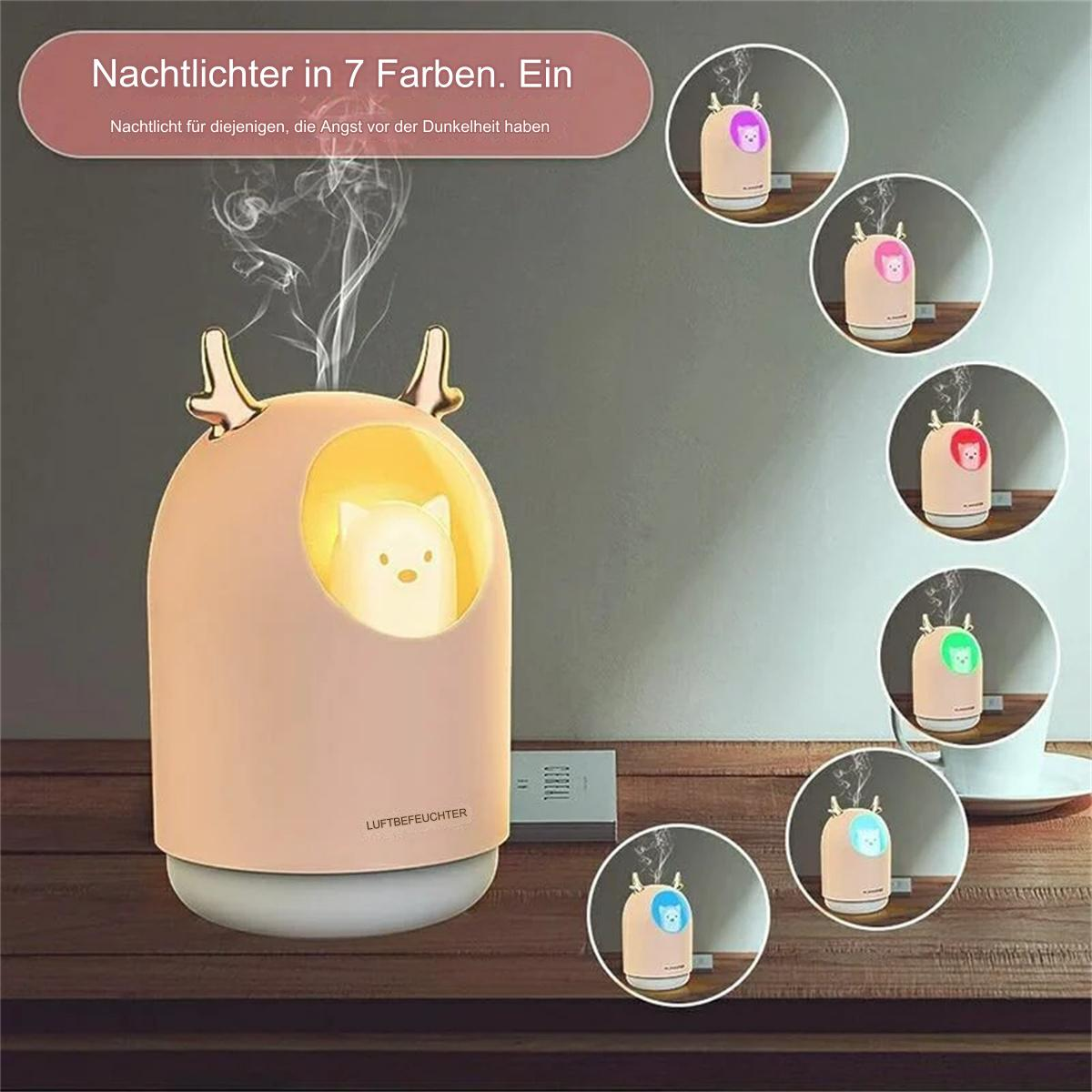 Ein rosa hirschförmiges Nachtlicht mit mehreren kleinen farbigen Lichtern. Es hat auch ein kleines weißes Licht im Inneren.