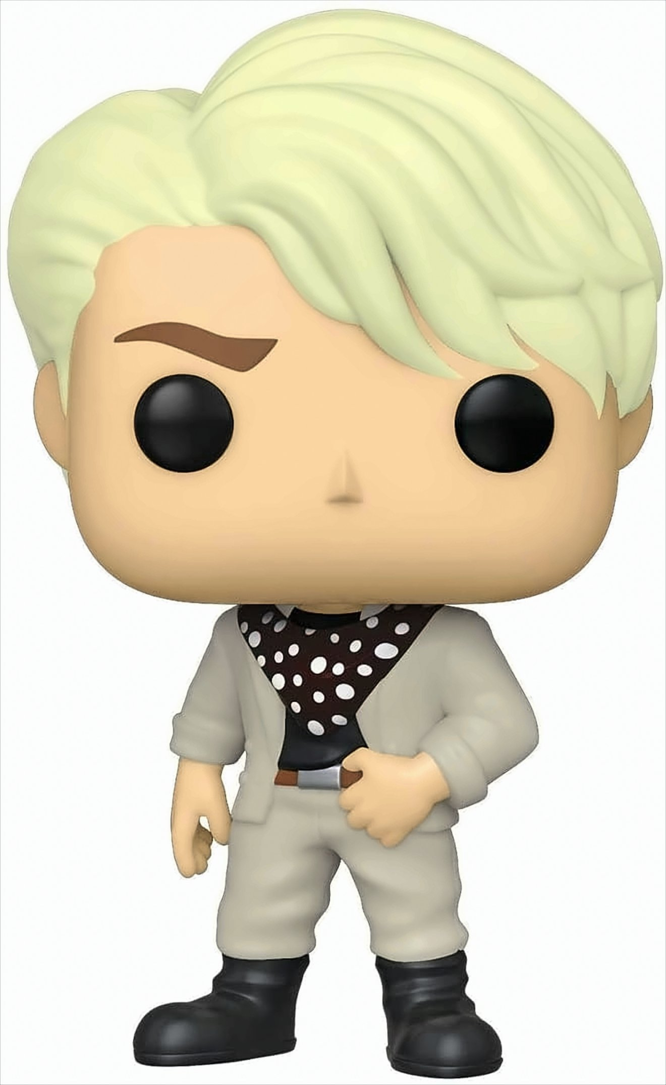 Una figura Funko Pop di un uomo con capelli biondi, sciarpa a pois e abito beige.