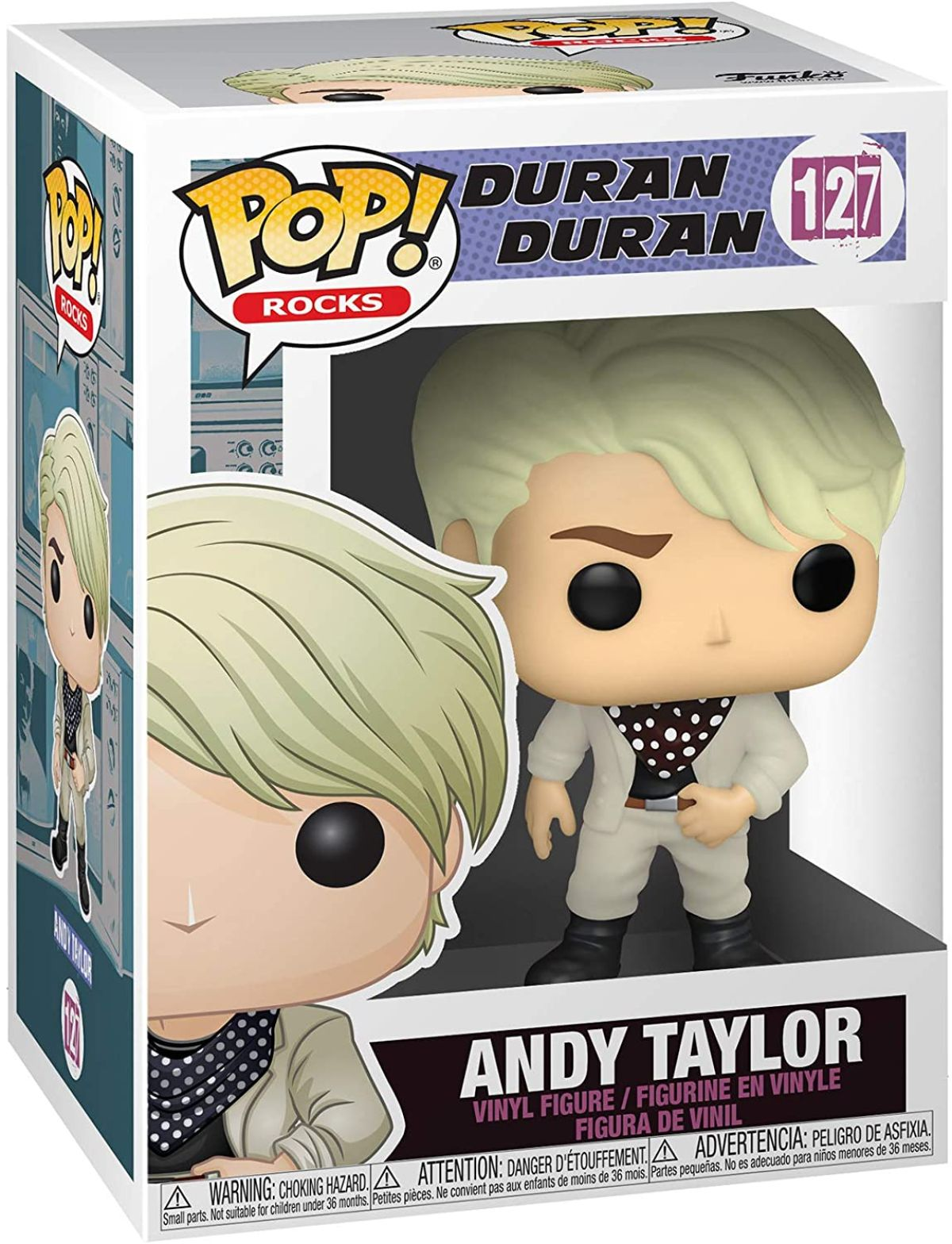 Figura Funko Pop nella scatola. È Andy Taylor dei Duran Duran. La figura è beige con una camicia a pois neri.