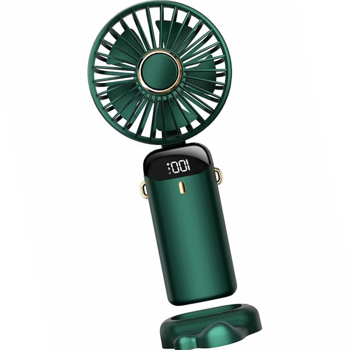 Grüner tragbarer Ventilator. Hat ein Display mit 100. Der Lüfter steht auf einem Ständer.