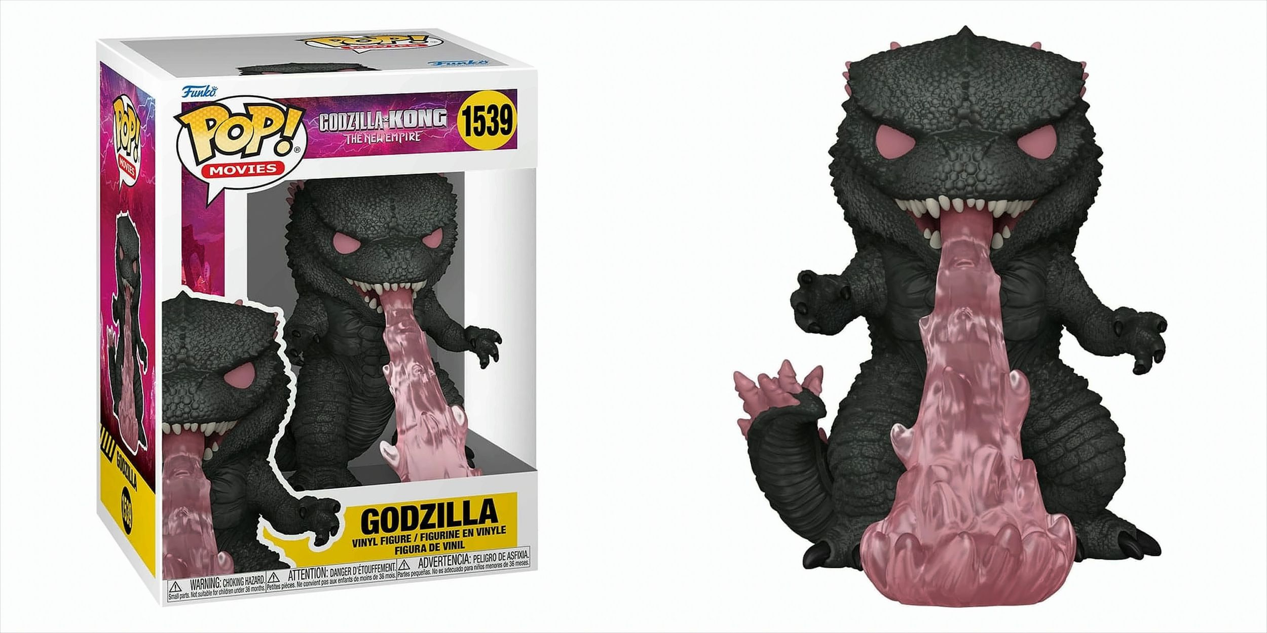 Godzilla-Figur, die rosa Flammen speit, in einer Box dargestellt. Schwarz-graue Figur, weißer Hintergrund.