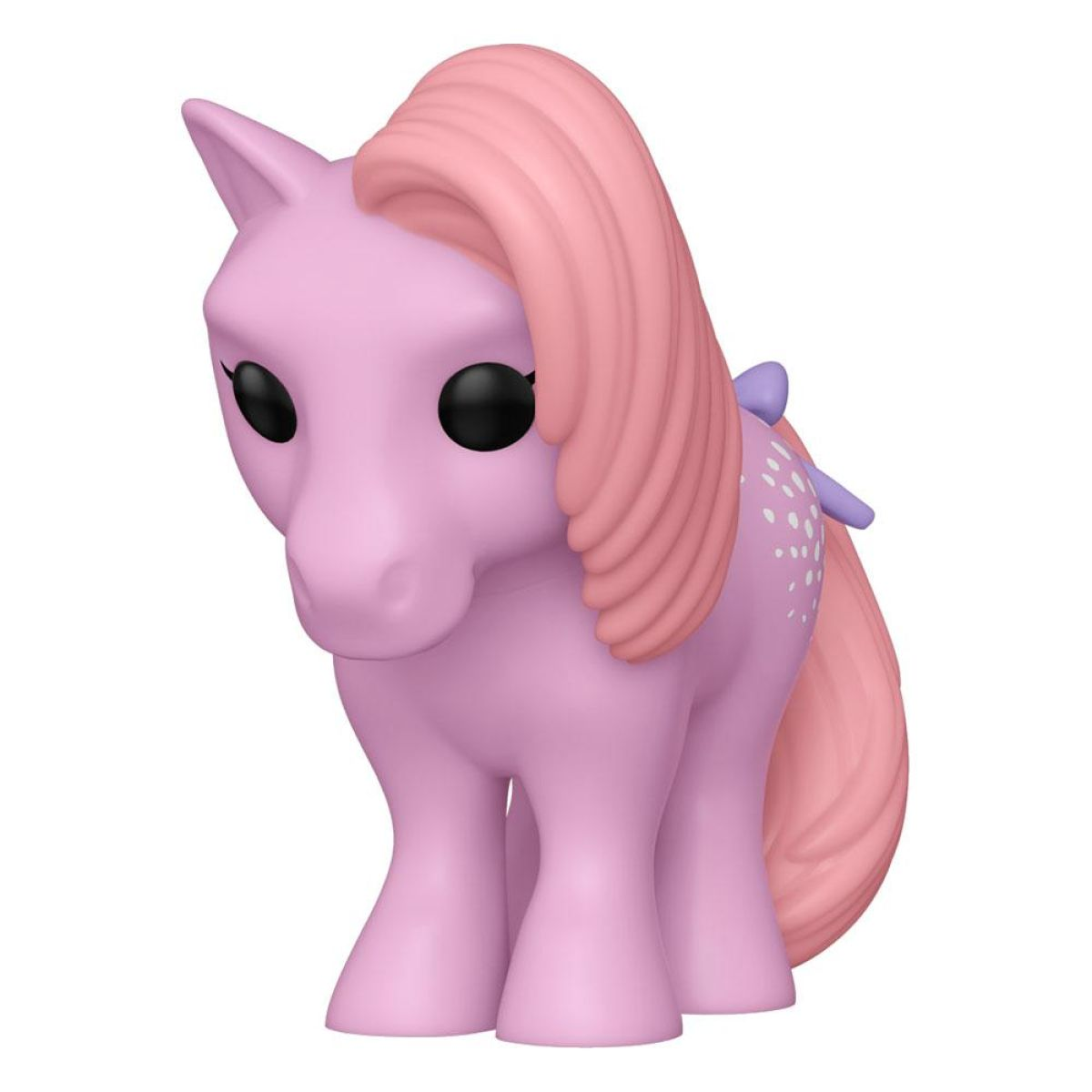 Una figurina rosa di My Little Pony. Ha criniera e coda rosa, occhi neri e un fiocco viola. Sta sorridendo.