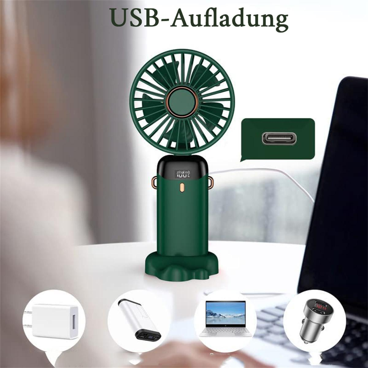 Grüner tragbarer Ventilator mit USB-Anschluss und anderen Lademöglichkeiten. Weißer Hintergrund.