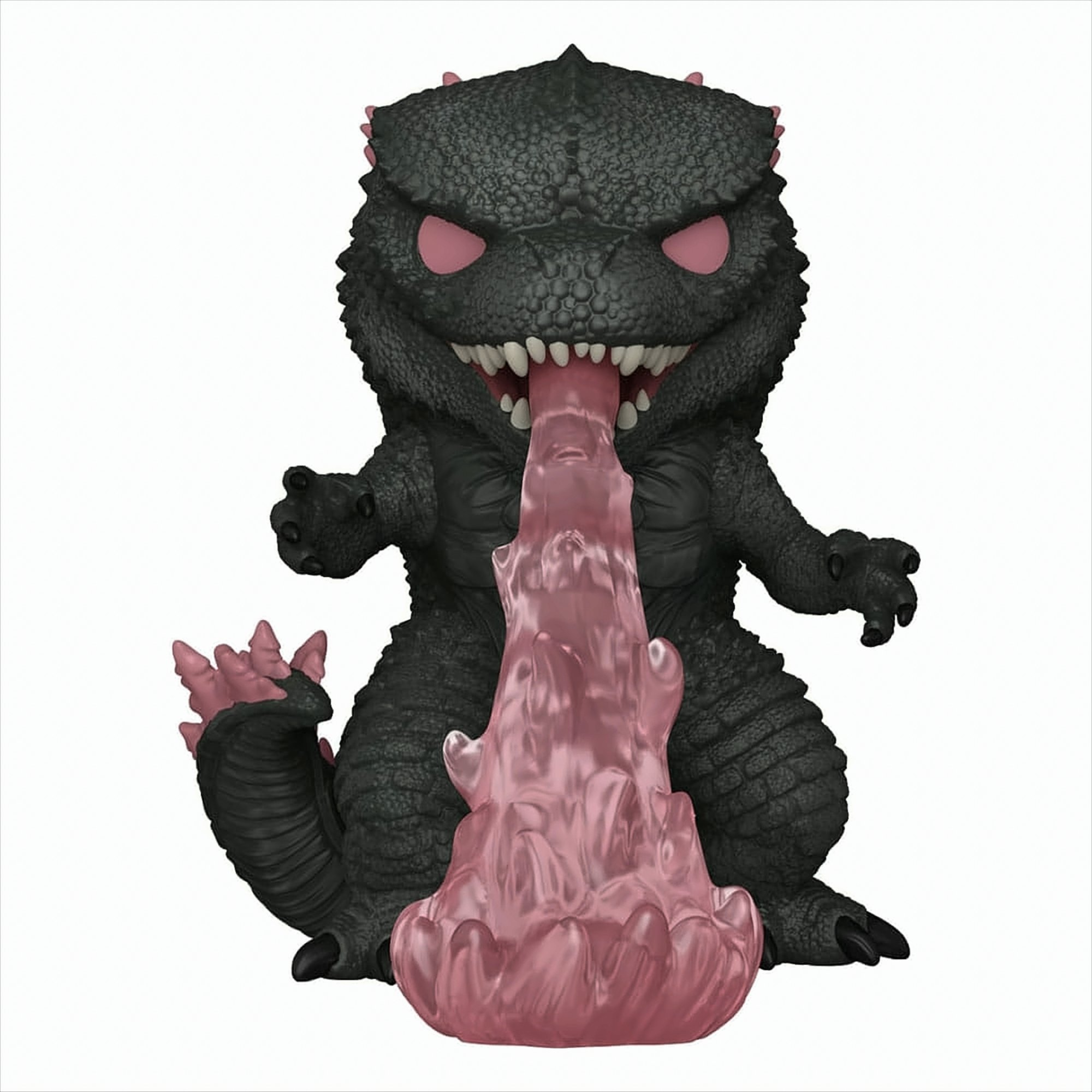 Godzilla-Spielzeugfigur, schwarzer Körper, rosa Akzente und Feueratem.