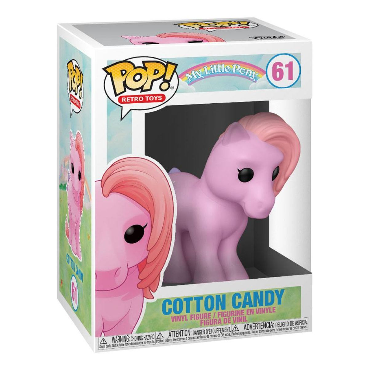 Una scatola di giocattoli My Little Pony. La scatola mostra un pony rosa di nome Cotton Candy. La scatola ha testo.