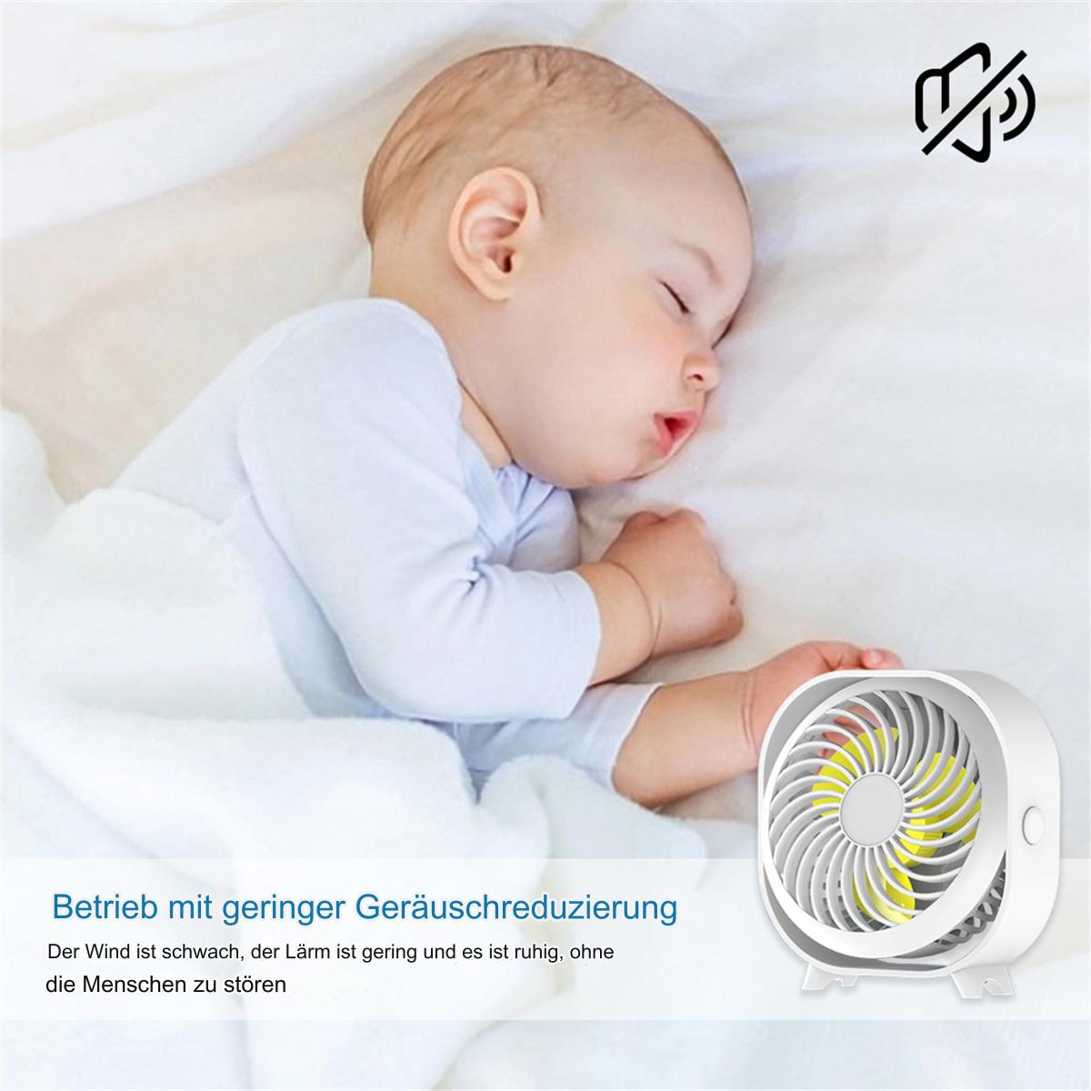 Schlafendes Baby neben kleinem weißen Ventilator mit gelben Blättern. Text unten.
