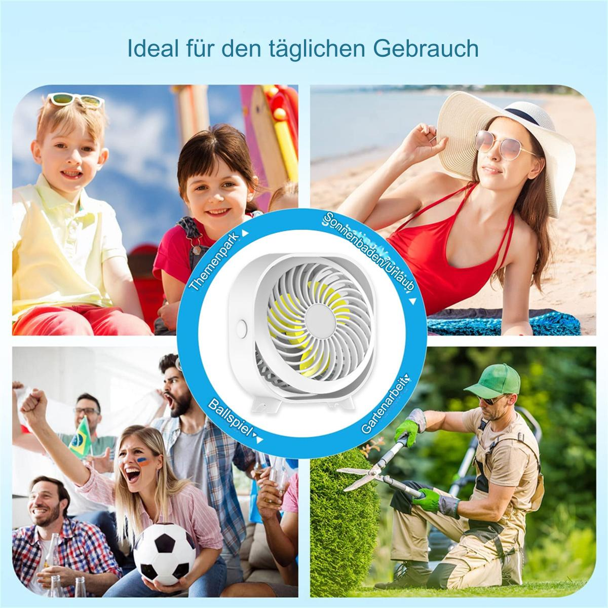 Ventilator mit Personen, die ihn in verschiedenen Szenarien genießen: Sonnenbaden, Fußballspielen, Gartenarbeit usw.