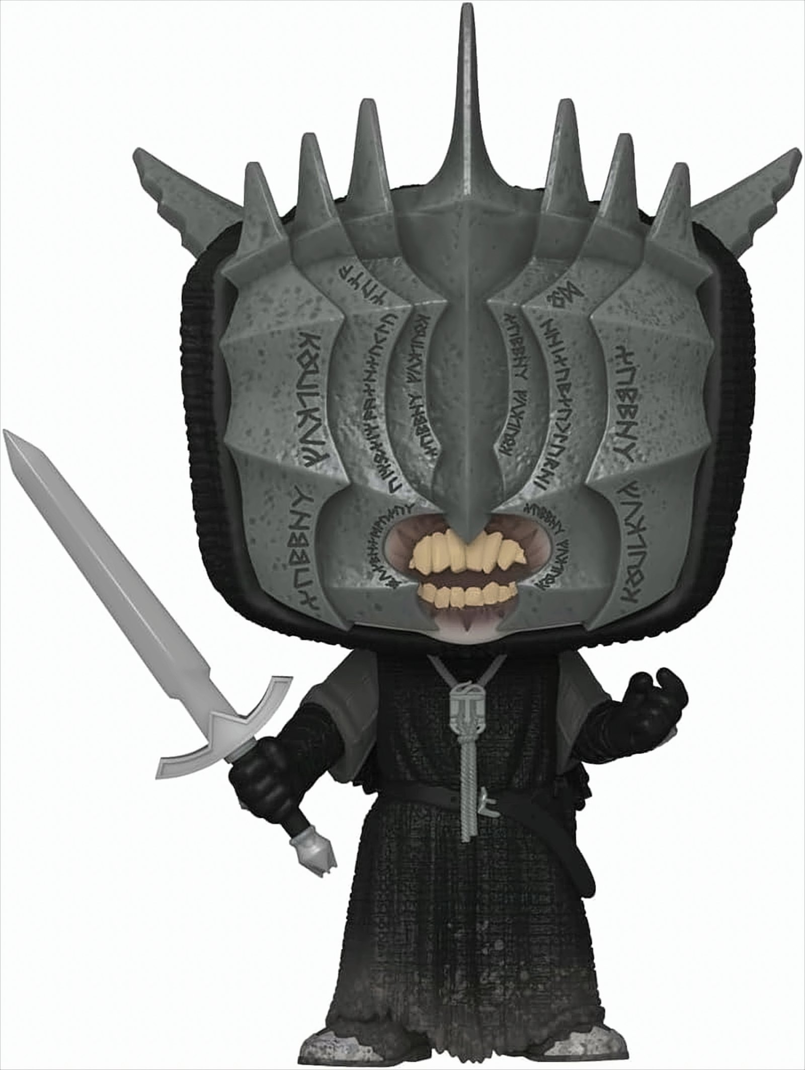 Eine Lord of the Rings Funko Pop Figur des Hexenkönigs, der ein Schwert hält, mit detailliertem Helm und Kostüm.