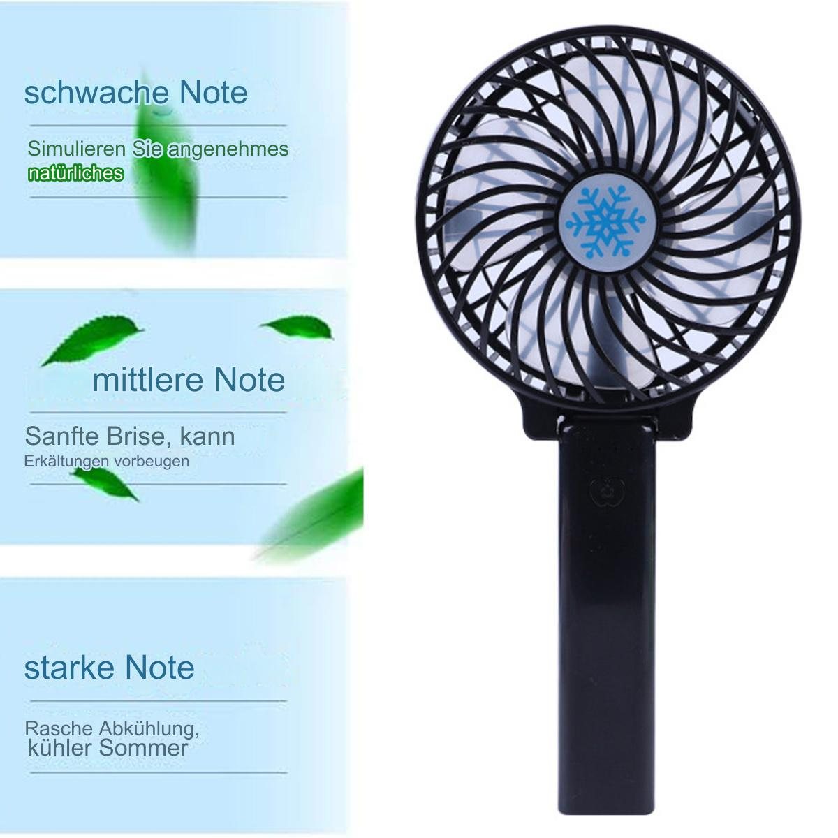 Ein schwarzer tragbarer Ventilator mit einem blauen Schneeflockenlogo und Text, der die Kühlmodi des Ventilators beschreibt.