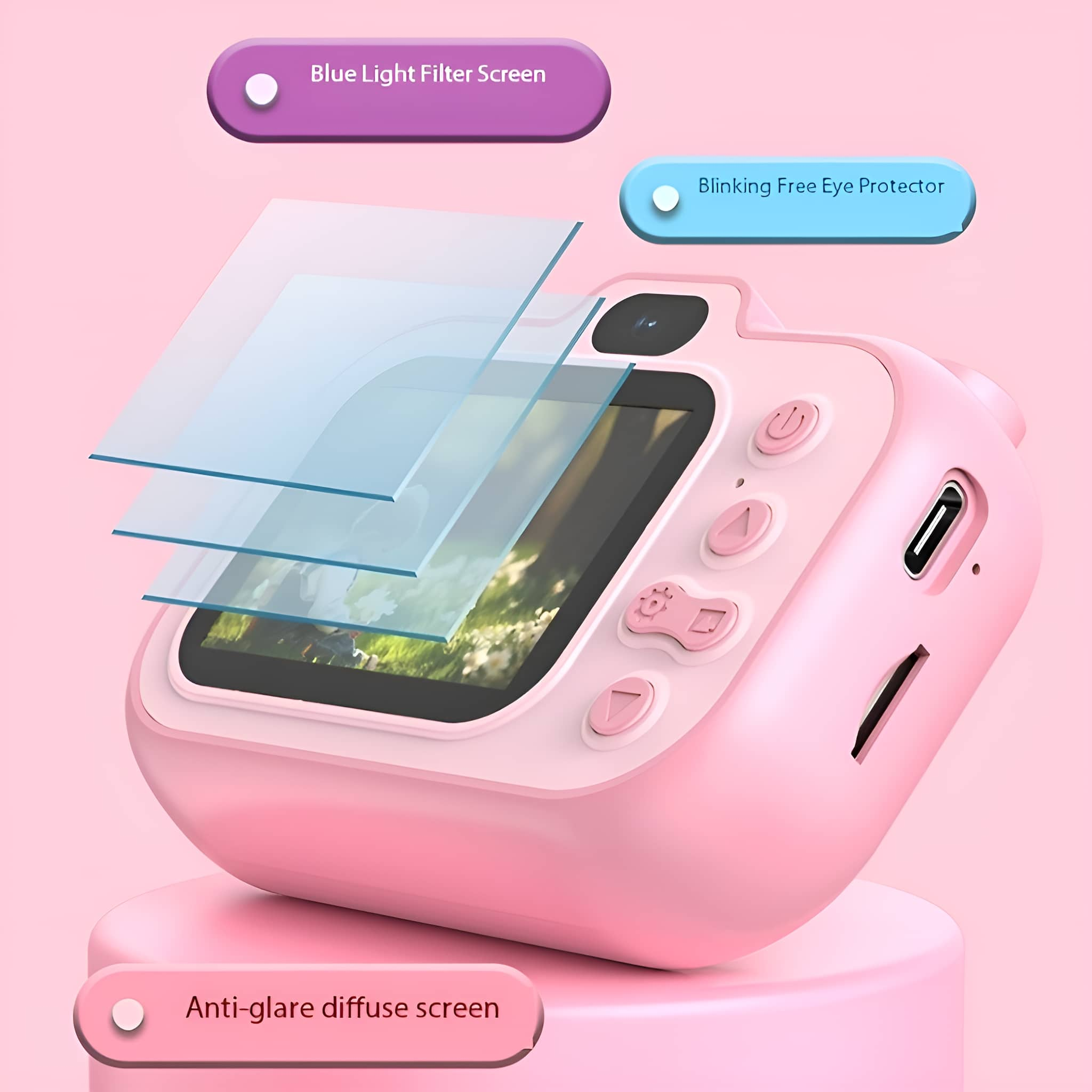 Rosa Kinderkamera mit Bildschirm und Knöpfen. Textbeschriftungen. Rosa Hintergrund.