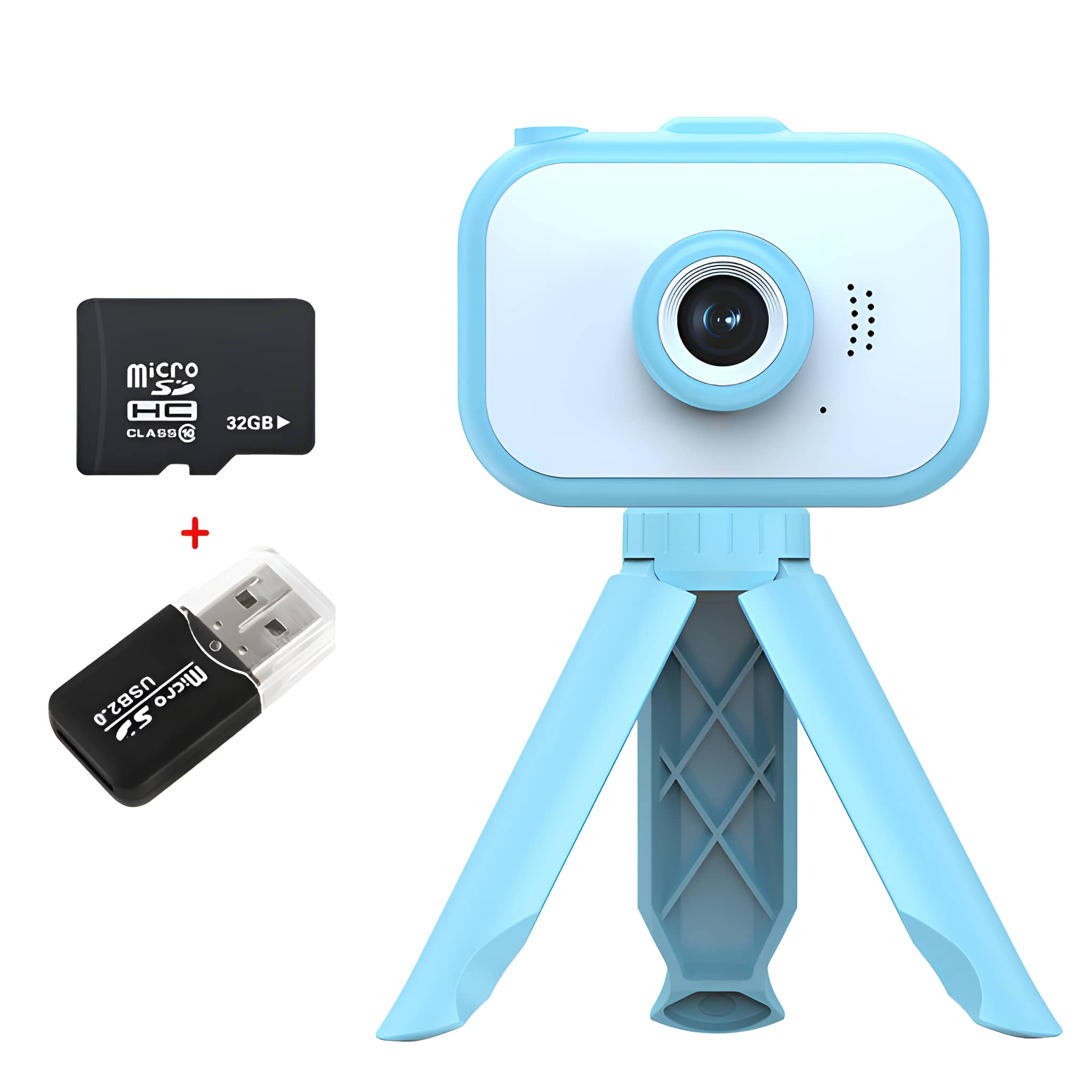 Blaue und weiße Kinderkamera mit Stativ, Speicherkarte und USB-Adapter.