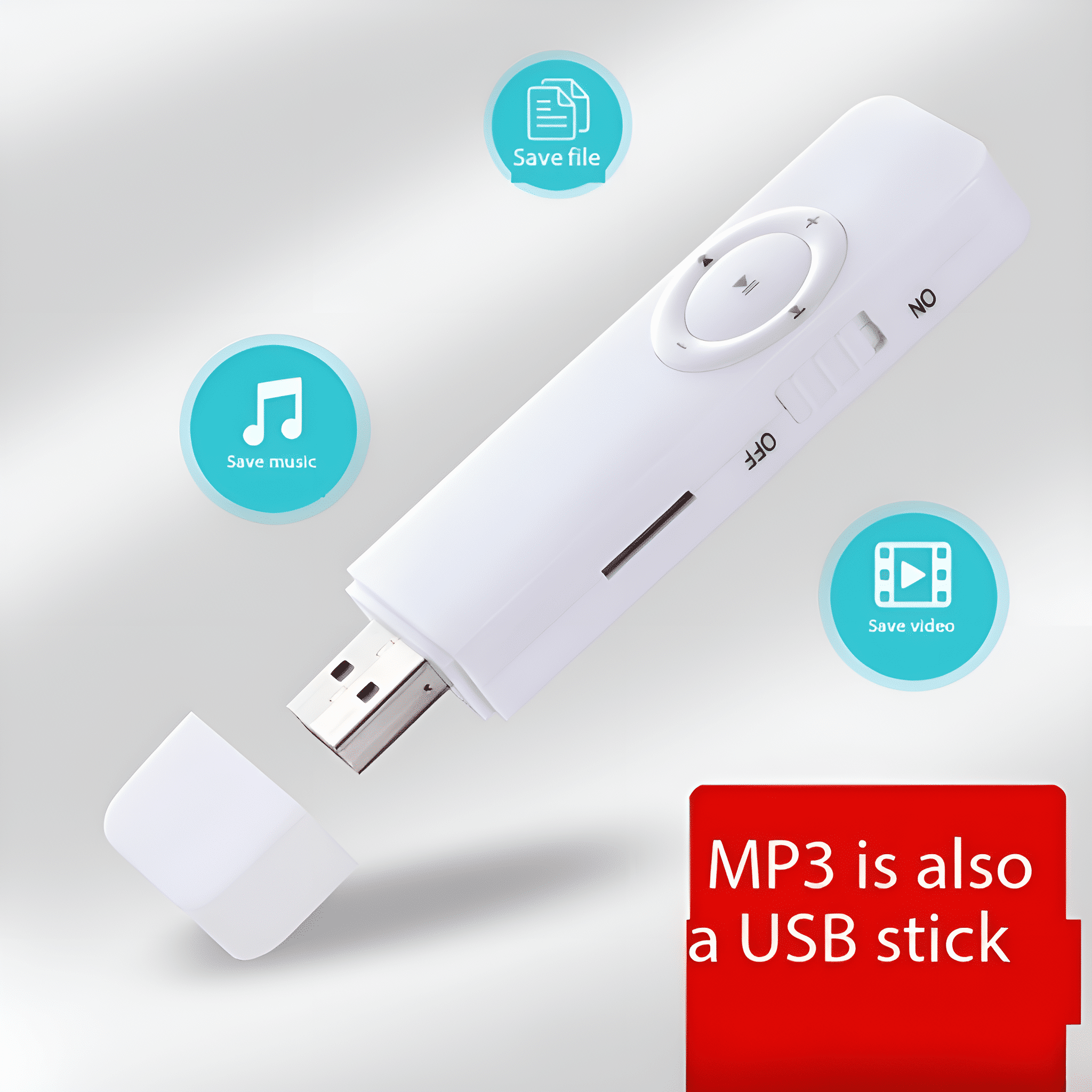 Weißer MP3-Player mit Symbolen zum Speichern von Datei, Musik und Video. Roter Text: MP3 ist auch ein USB-Stick.