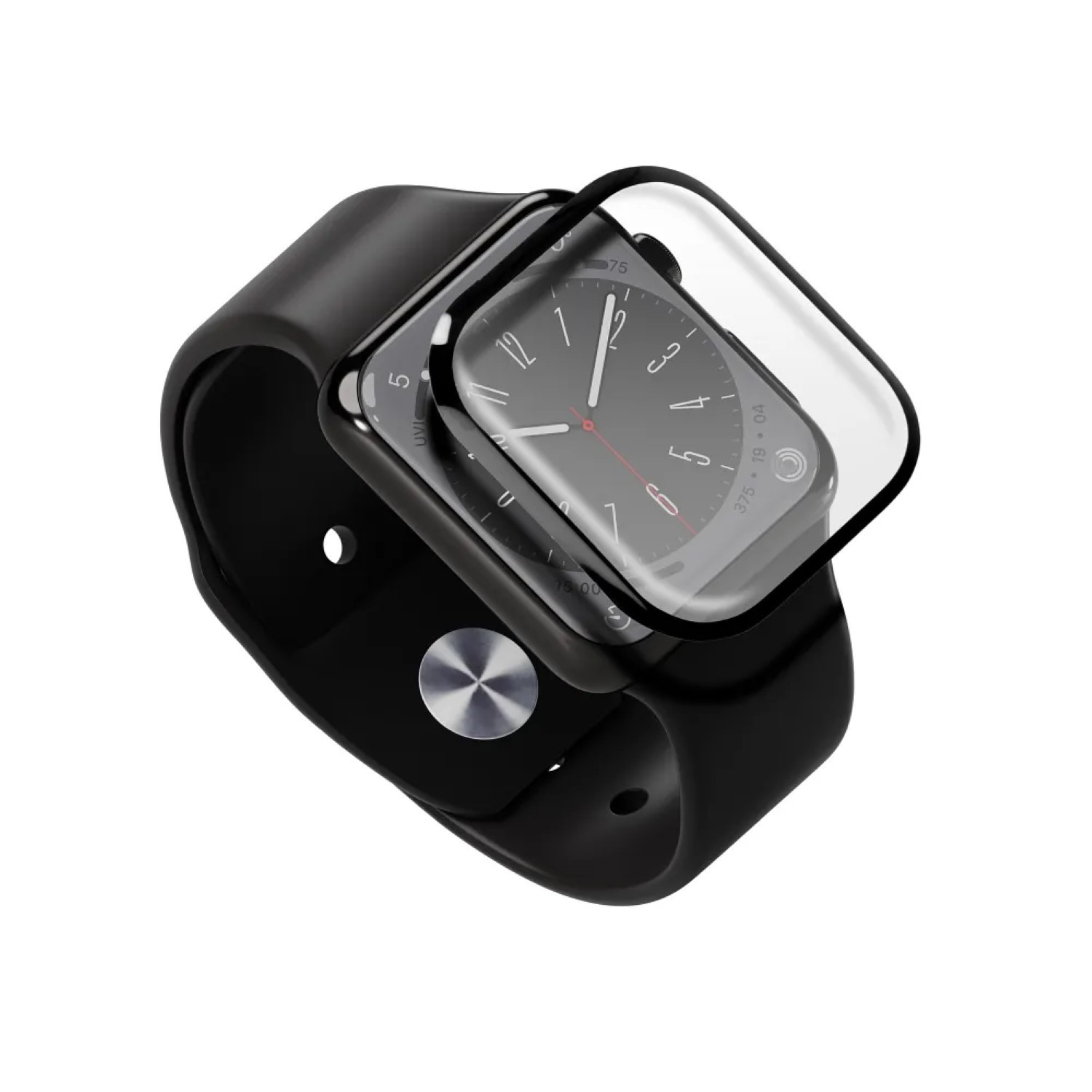 Schwarze Apple Watch mit Displayschutz. Die Uhr zeigt die Zeit an. Das Band und das Gehäuse sind schwarz.