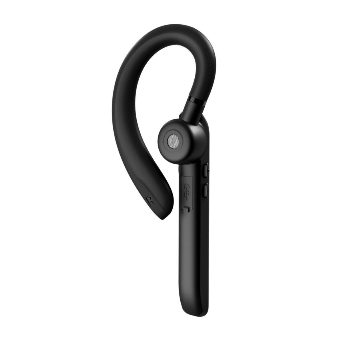 Schwarzes Bluetooth-Headset für ein Ohr. Es hat ein geschwungenes Design.