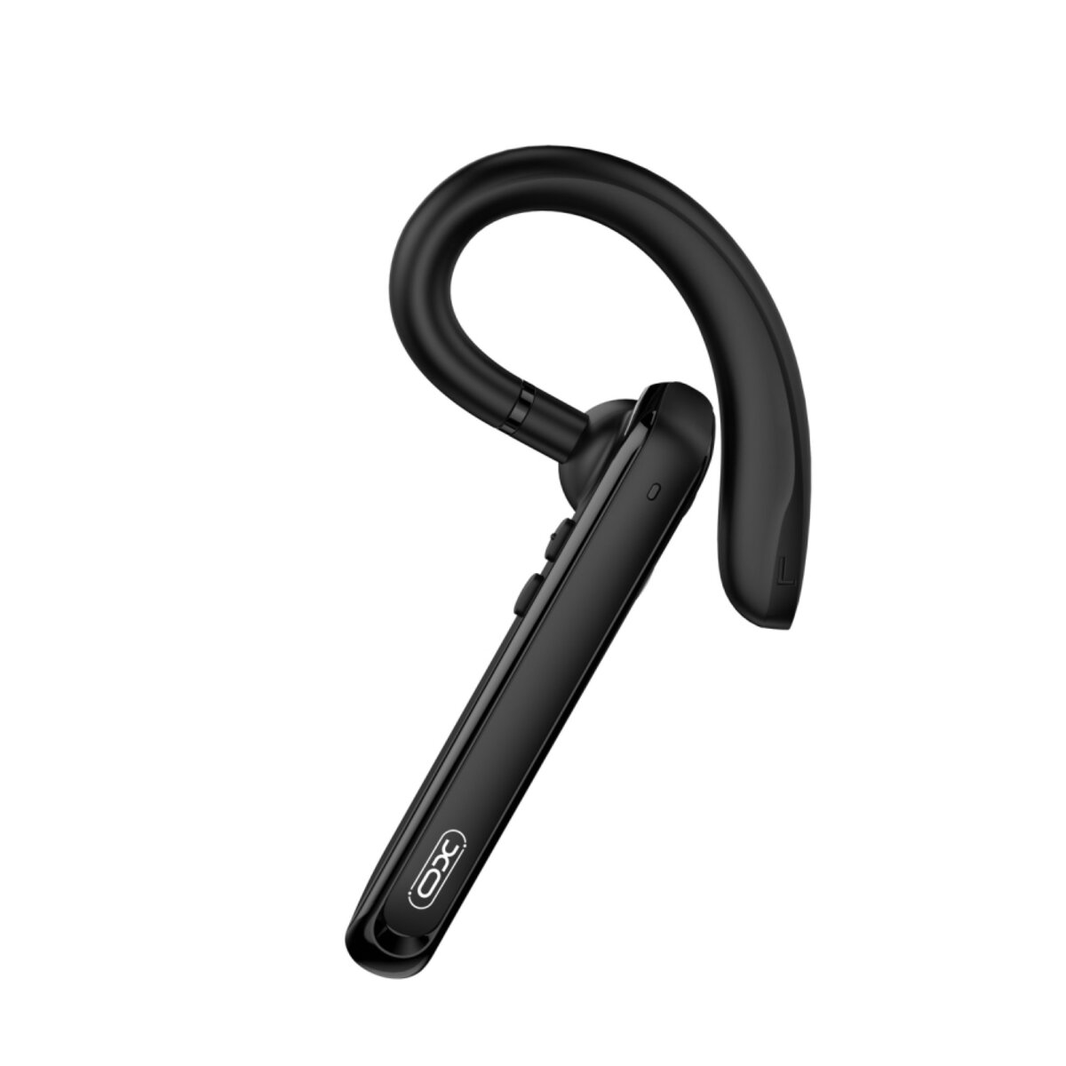 Schwarzes Bluetooth-Headset mit geschwungenem Design. Es hat Knöpfe und ein Mikrofon.