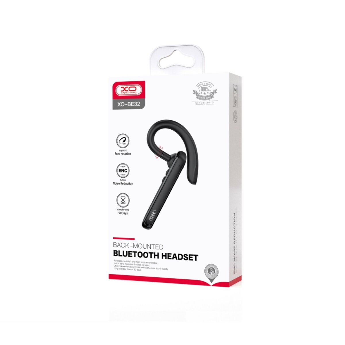 Weiß-schwarzes Bluetooth-Headset in der Box. Text und Symbole auf der Verpackung.