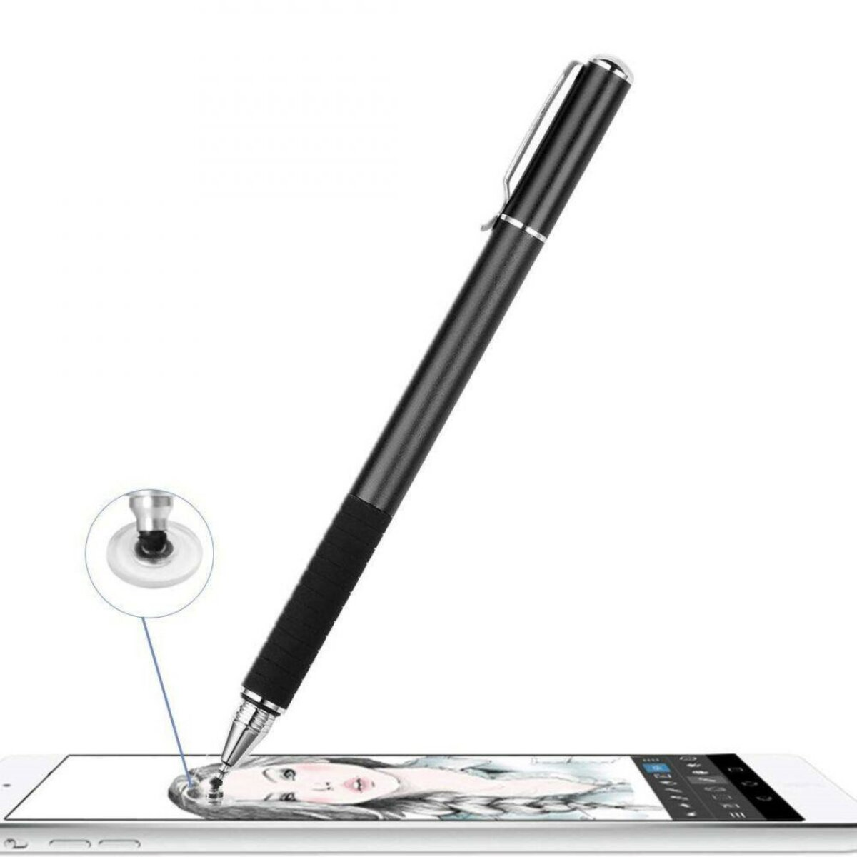 Ein schwarzer Stift in der Nähe eines Tablet-Bildschirms, der eine Zeichnung eines Frauengesichts zeigt.