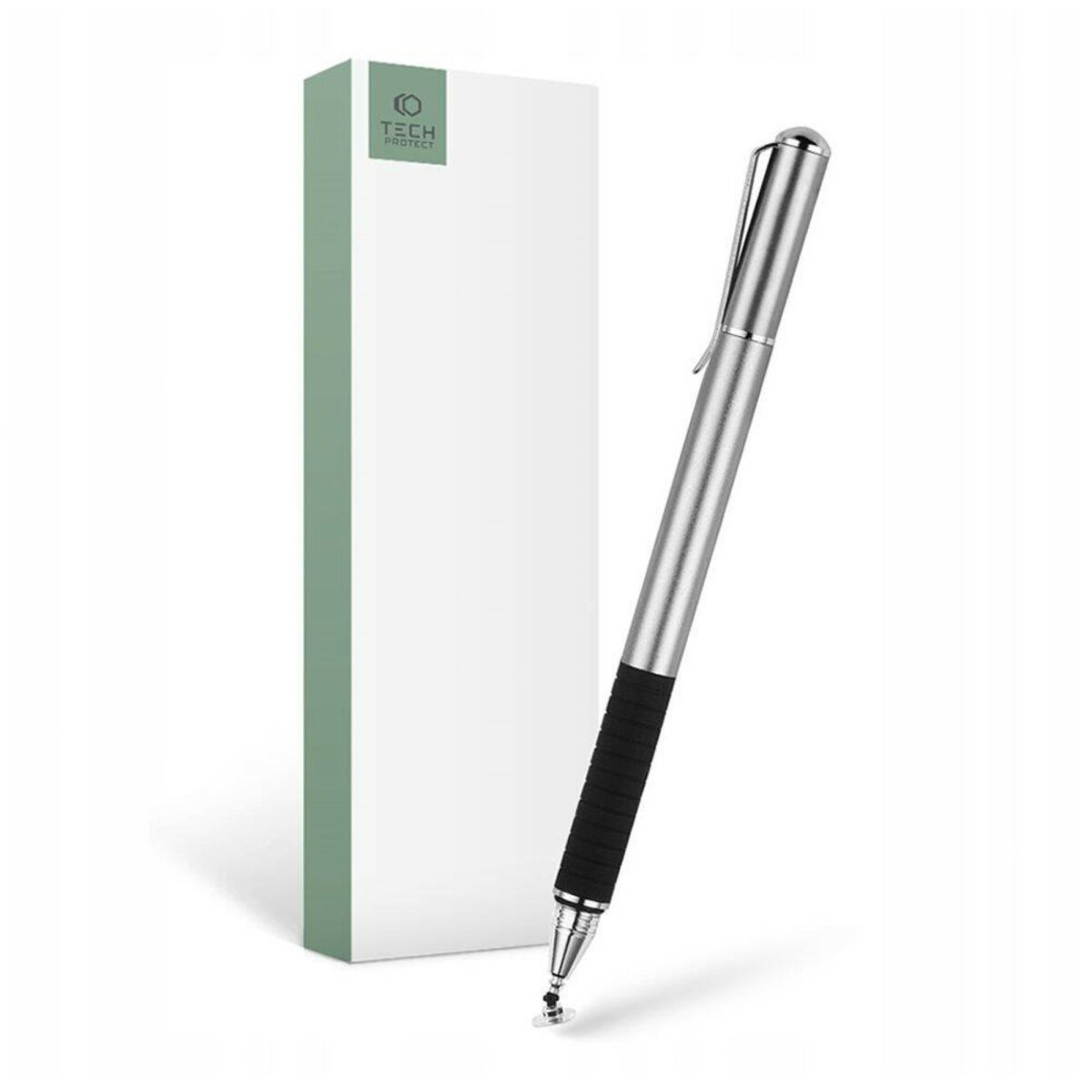 Silberner Eingabestift mit schwarzem Griff. Eine weiße Box im Hintergrund.