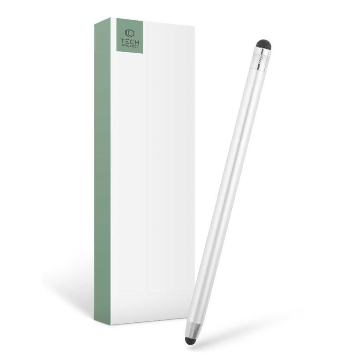 Ein silberner Stift lehnt an einer weißen Box mit der Aufschrift 'TECH PROTECT' und einem grünen Streifen.