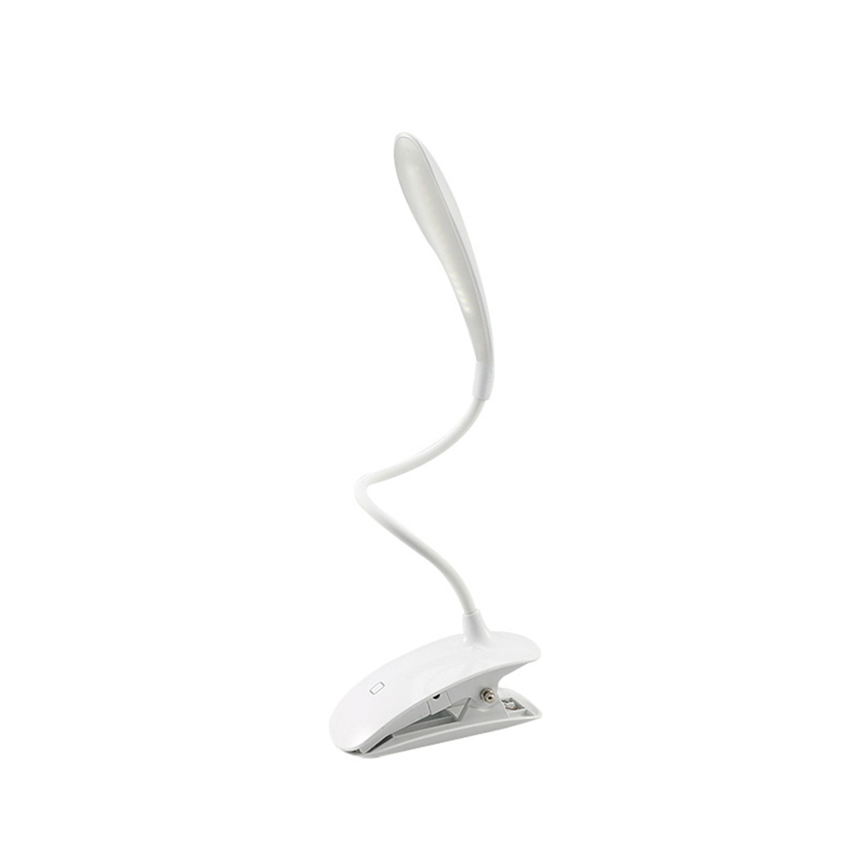 Weiße Clip-on-Leselampe mit flexiblem Hals. Es hat ein geschwungenes Design und einen weißen Sockel.