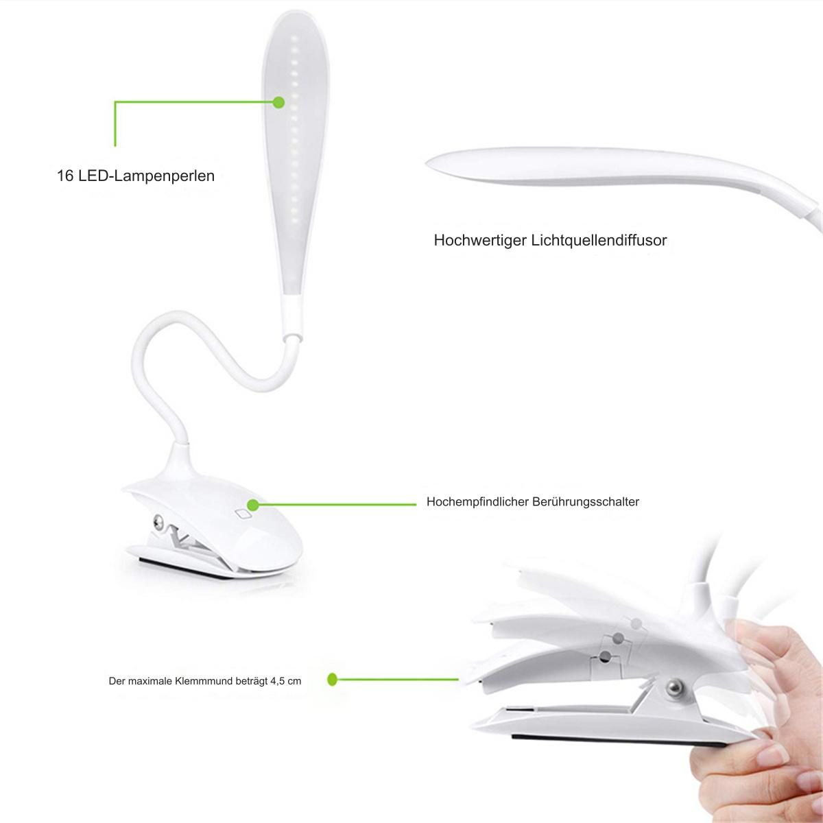 Eine weiße LED-Schreibtischlampe mit flexiblem Hals und Clip-Basis, beschriftet mit deutschem Text.