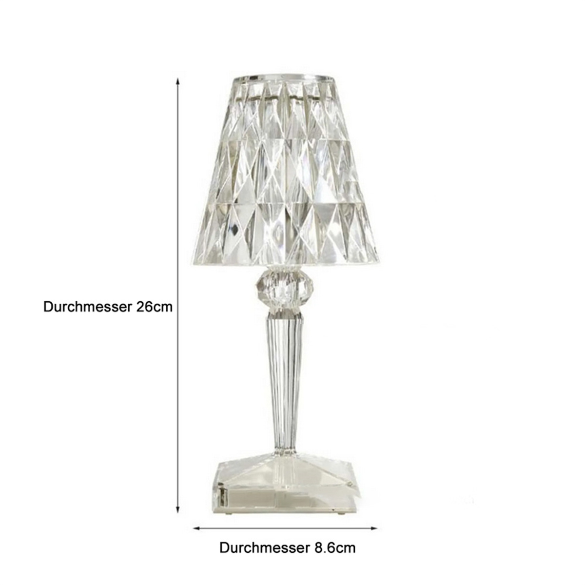 Transparente Kristall-Tischlampe mit Maßen. Weißer Hintergrund.