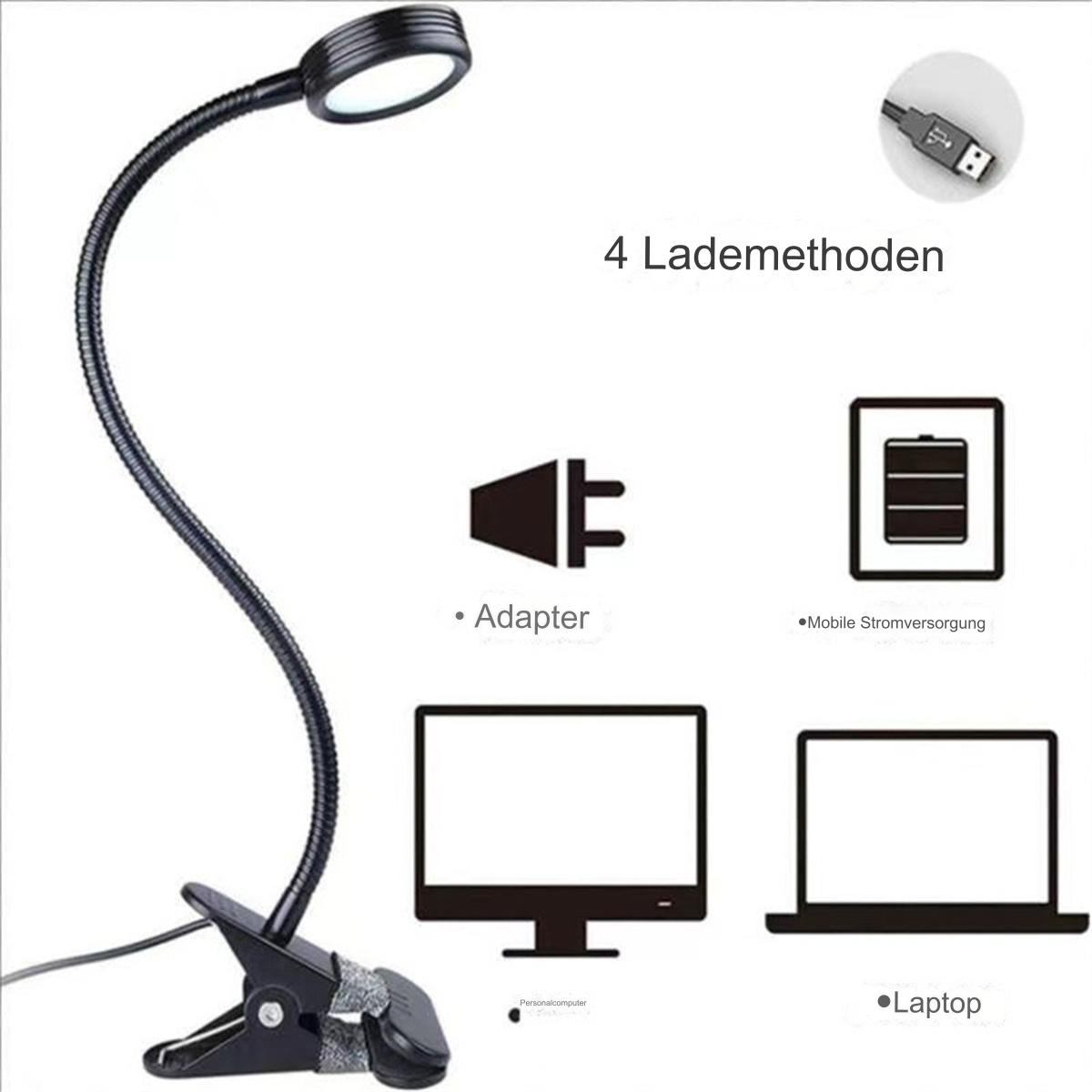 Eine schwarze Schreibtischlampe mit flexiblem Hals. Diagramme zeigen Adapter, Computer und Laptop.