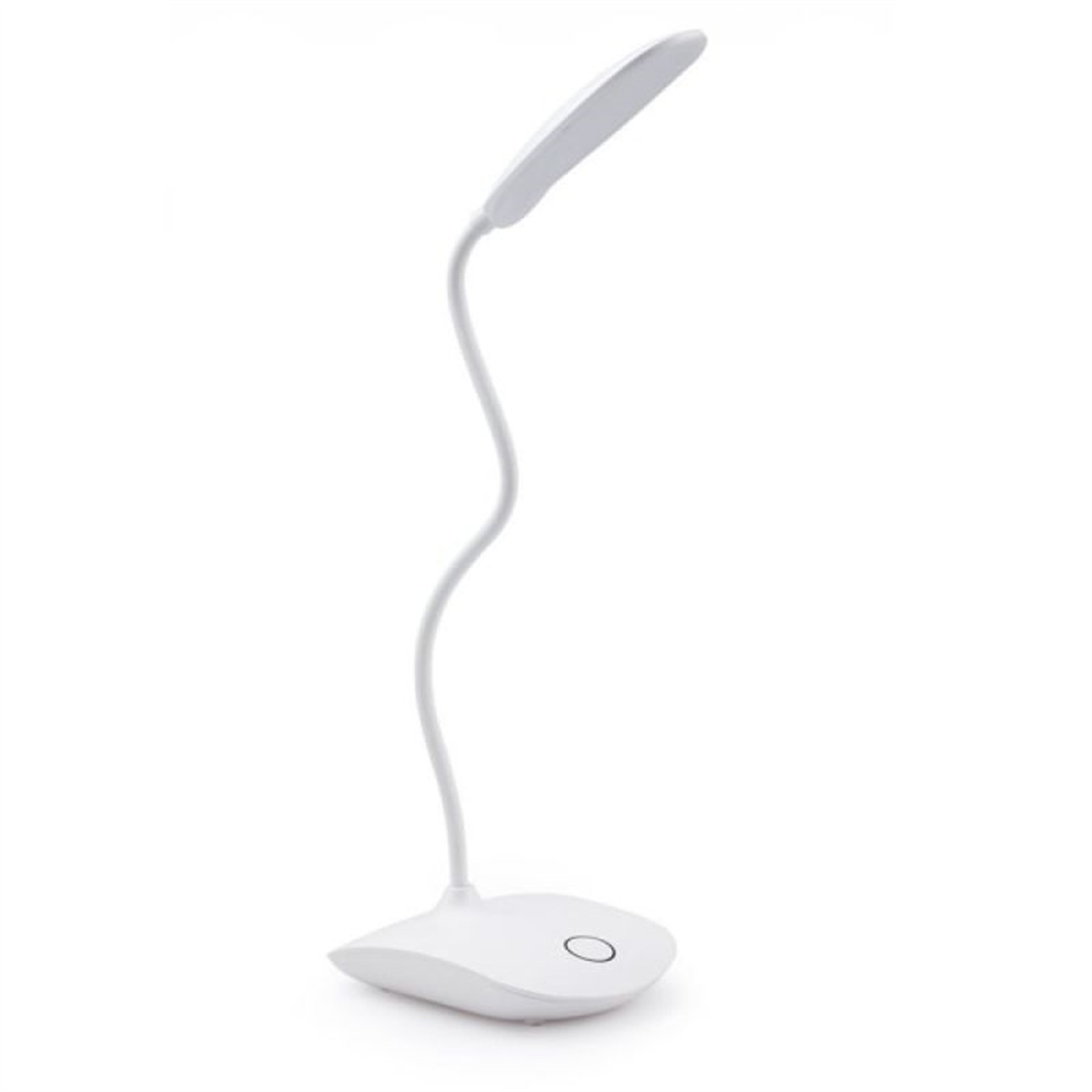 Eine weiße Schreibtischlampe mit gebogenem Hals und rundem Sockel. Die Lampe hat eine einzelne Lichtquelle.