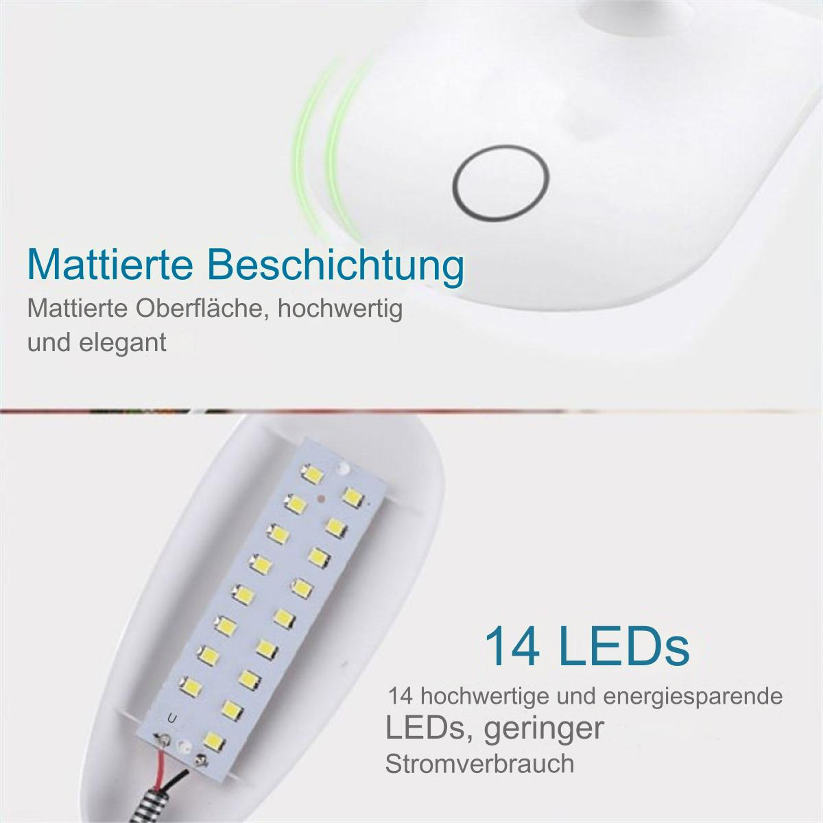 Weiße LED-Lampe mit 14 LEDs. Sie hat eine matte Oberfläche. Text: Mattbeschichtung, 14 LEDs.