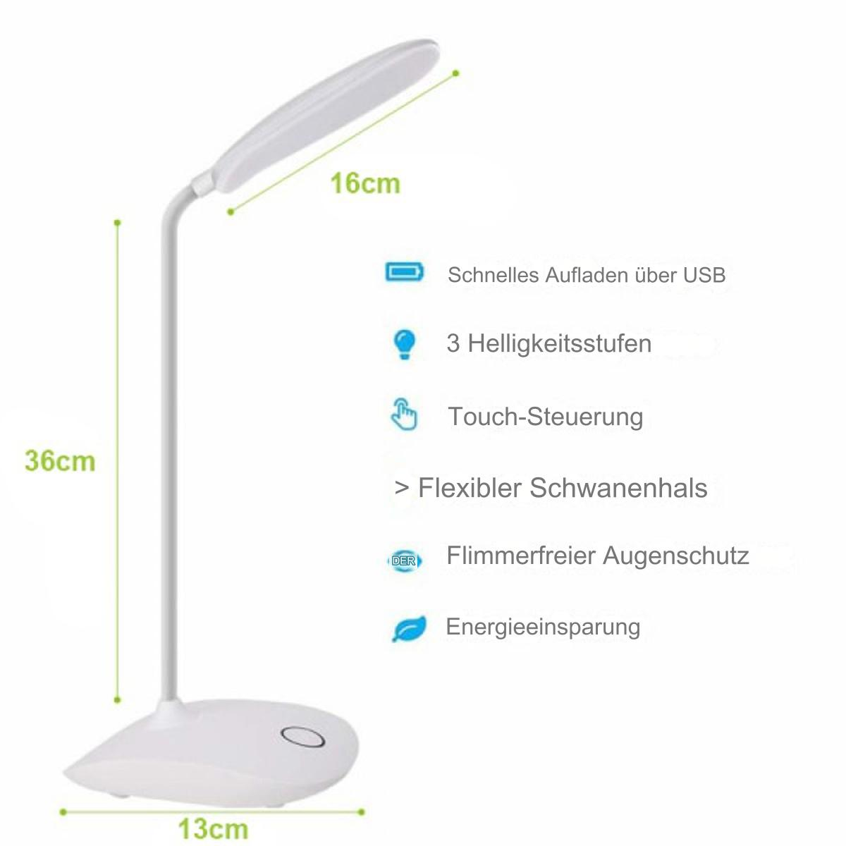 Weiße Schreibtischlampe mit Maßen und angezeigten Merkmalen.