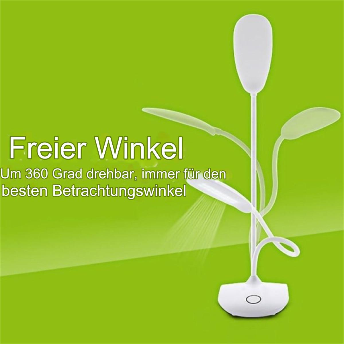 Weiße Schreibtischlampe mit flexiblen Armen, grüner Hintergrund, zeigt ihren Winkel.