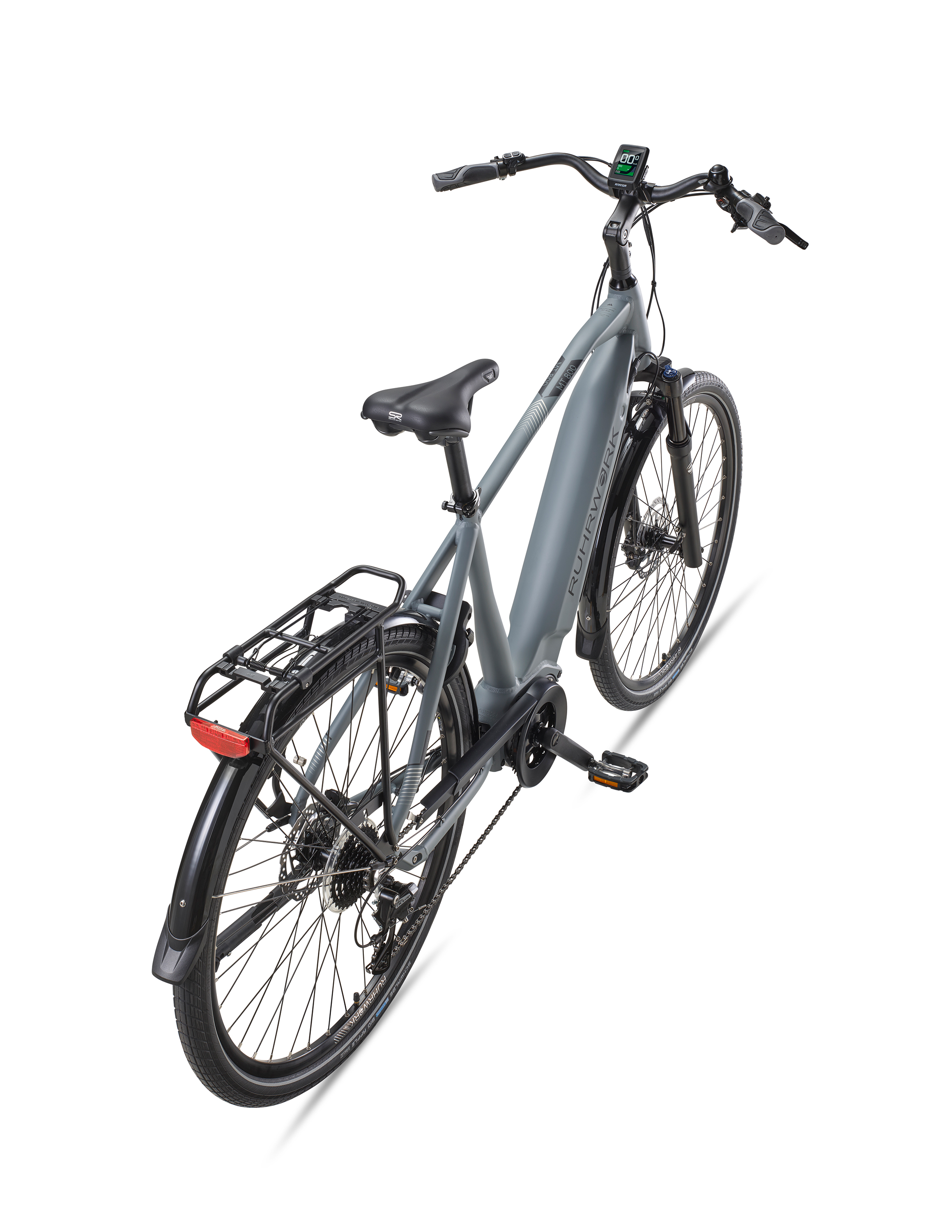 Graues Elektrofahrrad von oben. Schwarze Reifen, Sattel und Lenker.