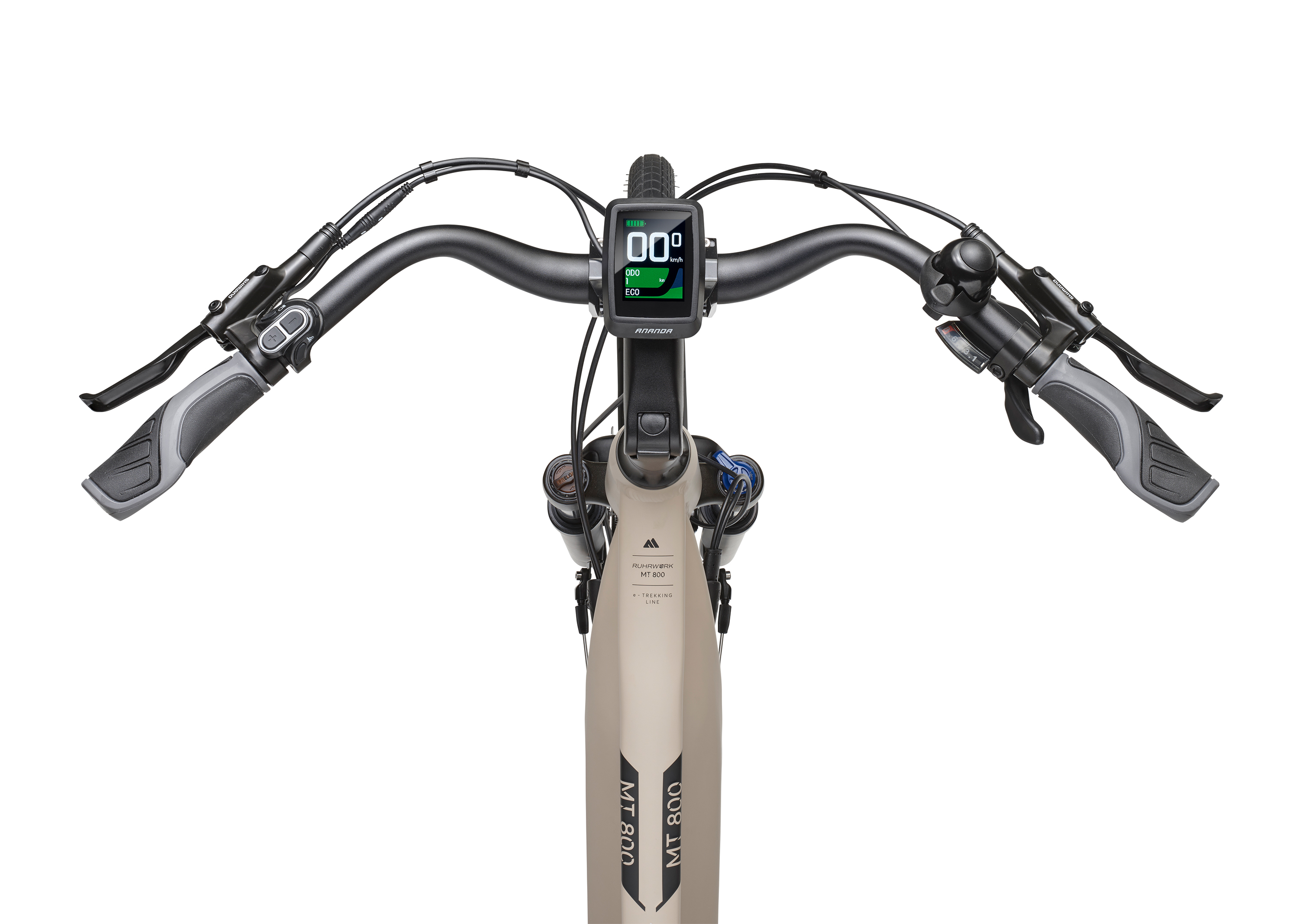 Draufsicht auf einen E-Bike-Lenker, Digitalanzeige in der Mitte, mit anderen Bedienelementen und Griffen.