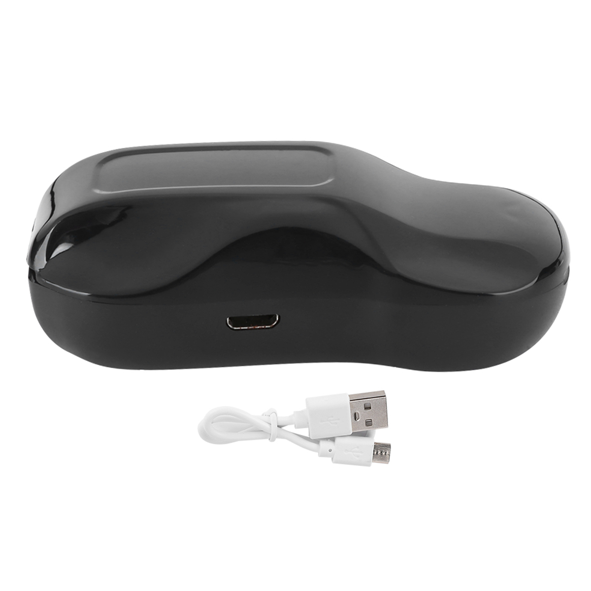 Schwarzes, Auto-förmiges Ladecase mit einem USB-Kabel. Weißer Hintergrund.