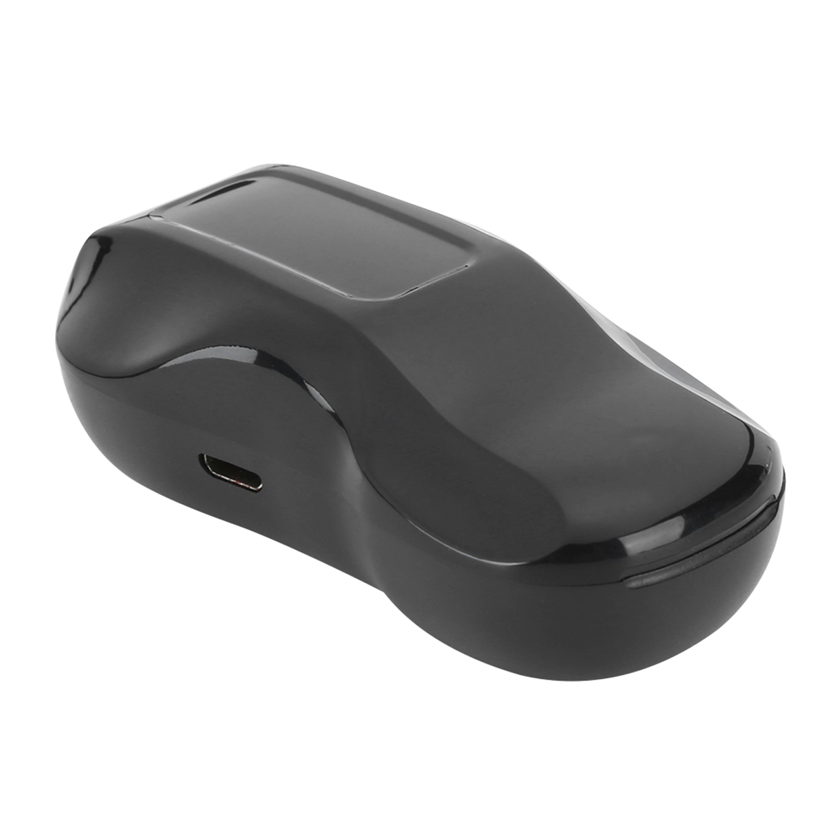 Ein glänzend schwarzes Gerät, möglicherweise ein Gehäuse, mit einem kleinen USB-Anschluss. Es hat glatte, abgerundete Kanten.
