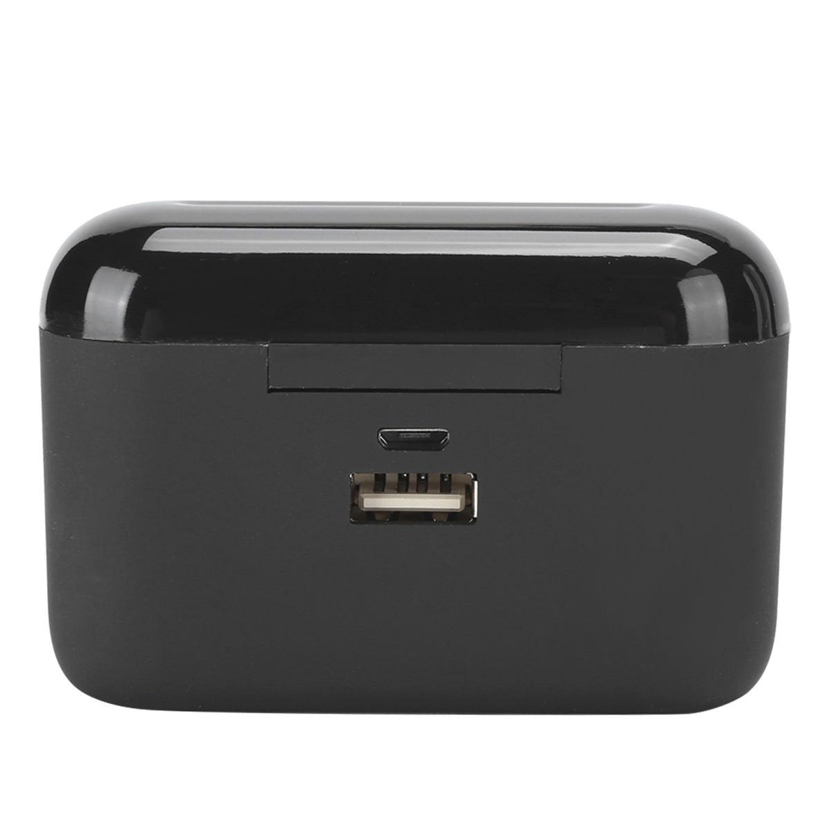 Schwarzes Ladecase. USB- und Micro-USB-Anschlüsse sind sichtbar.