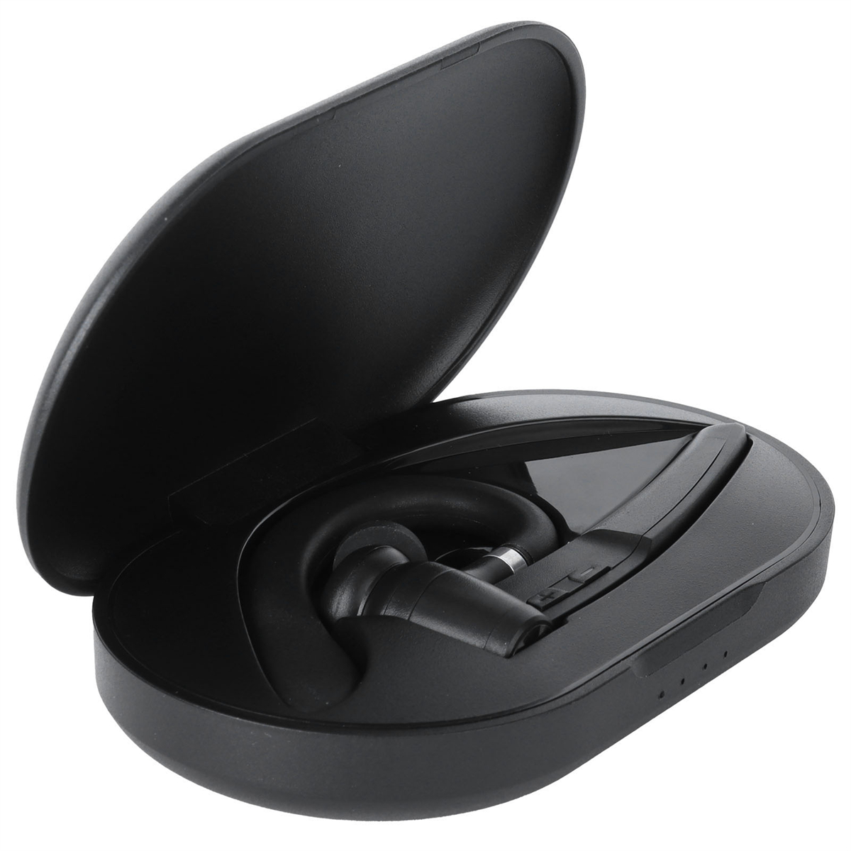Ein schwarzes Headset in einem offenen schwarzen Gehäuse.