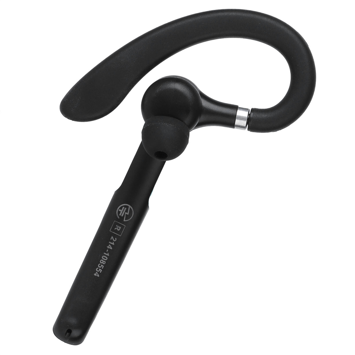 Ein schwarzes Bluetooth-Headset mit gebogenem Ohrbügel, auf weißem Hintergrund.