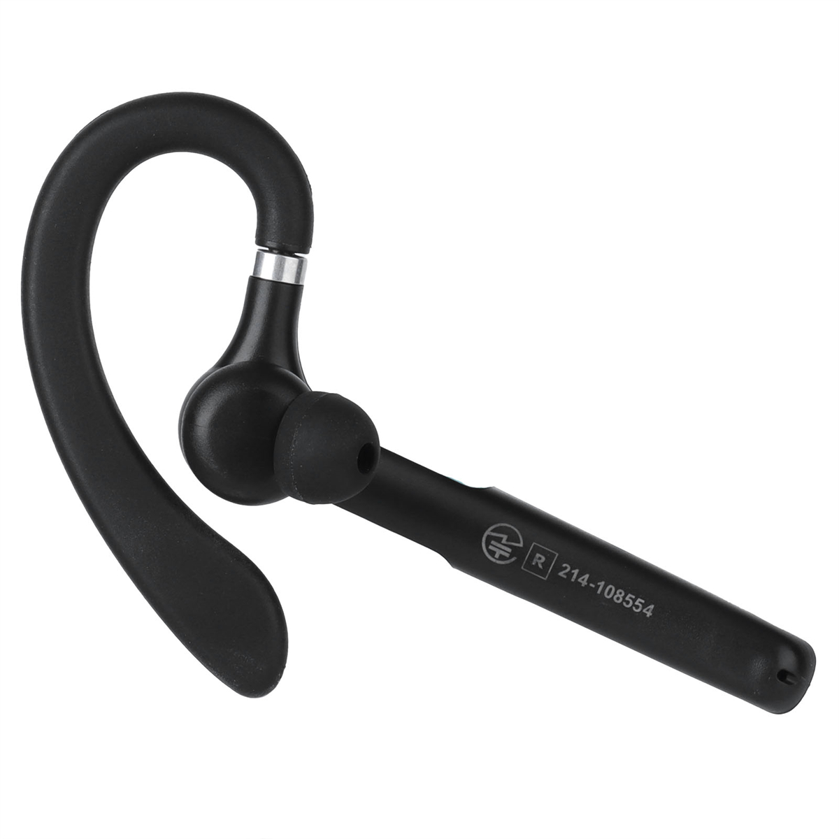 Schwarzes Bluetooth-Headset. Das Headset hat einen gebogenen Ohrbügel und einen Mikrofonarm. Es liegt auf einer weißen Oberfläche.