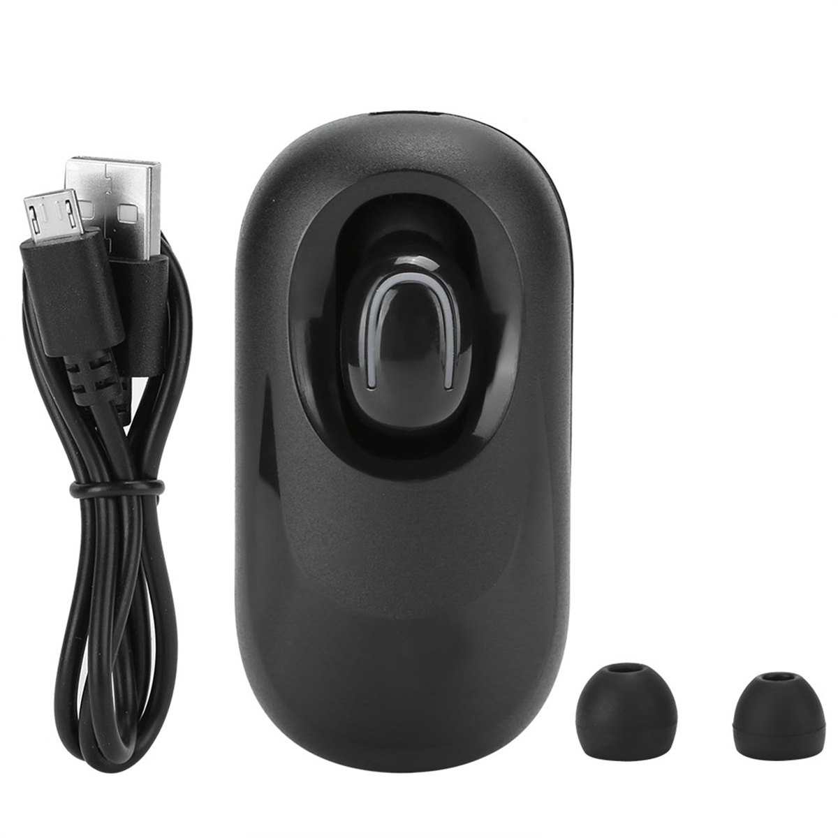 Schwarzer Ohrhörer mit USB-Kabel und zwei zusätzlichen Ohrstöpseln. Weißer Hintergrund.