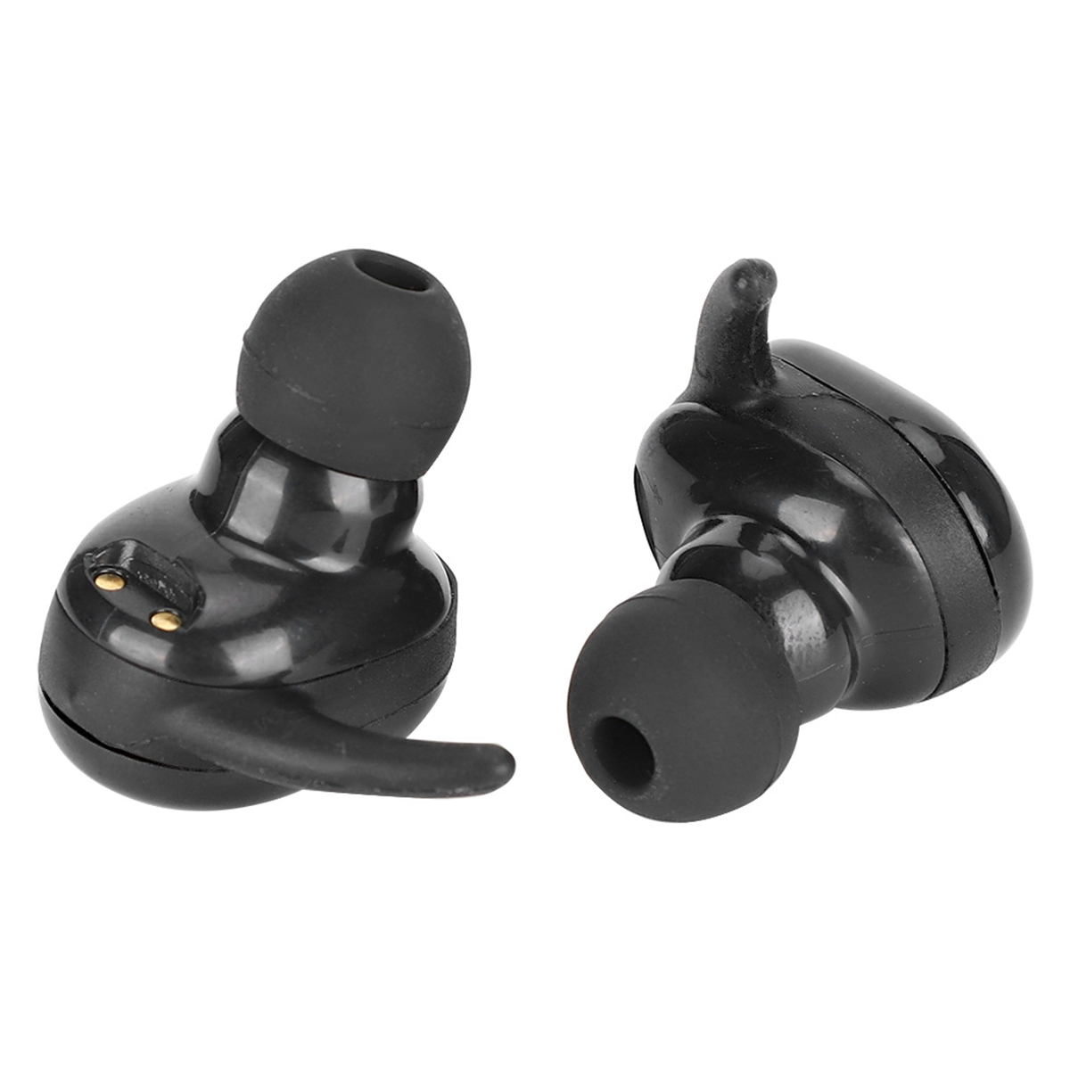 Zwei schwarze kabellose Ohrhörer auf weißem Hintergrund. Die Ohrhörer haben ein gebogenes Design und Silikonspitzen.