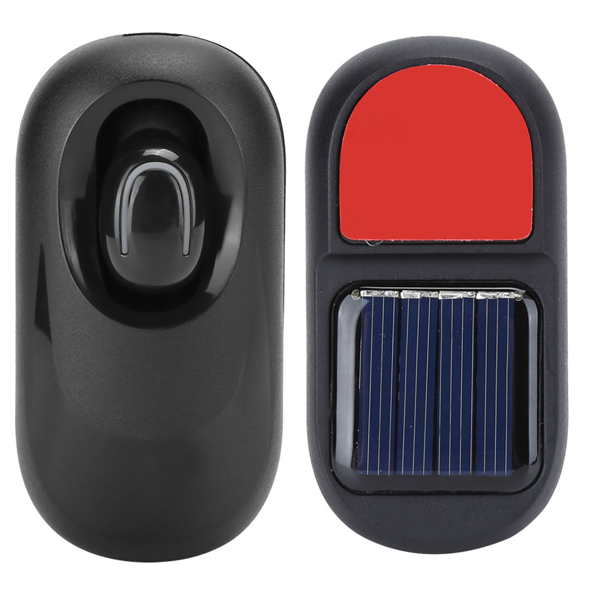 Zwei schwarze Solarbetriebene Geräte. Eines hat ein rotes Klebepad, das andere einen U-förmigen Ausschnitt.