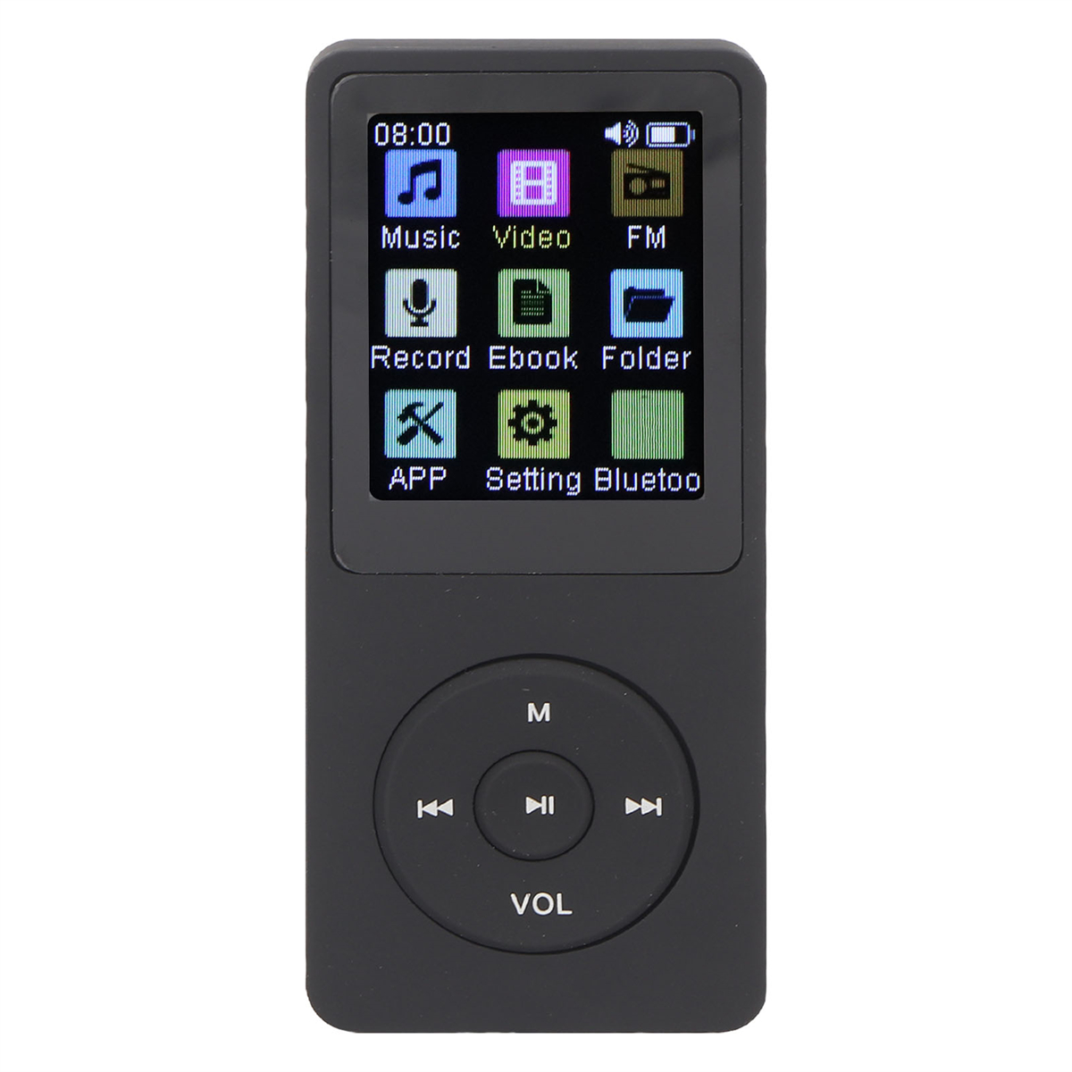 Schwarzer MP3-Player mit Bildschirm, der Symbole anzeigt, und kreisförmiger Taste.