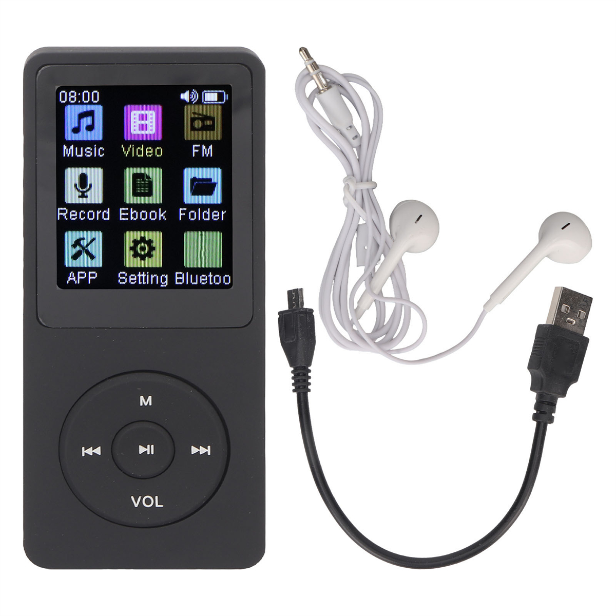 Schwarzer MP3-Player mit Bildschirm mit Symbolen. Kopfhörer und USB-Kabel enthalten.