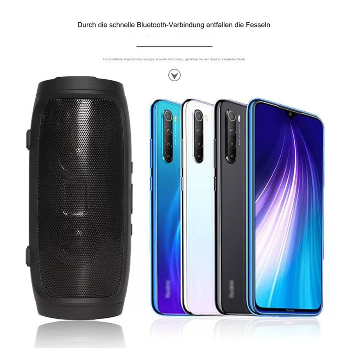 Ein Lautsprecher und vier Smartphones in Blau, Weiß, Schwarz und Rot, auf weißem Hintergrund.