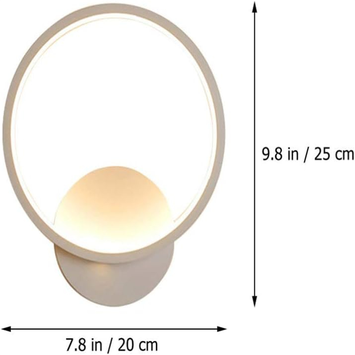 Weiße runde Wandleuchte mit sanftem Licht. Abmessungen: 9,8 Zoll/25 cm hoch, 7,8 Zoll/20 cm breit.