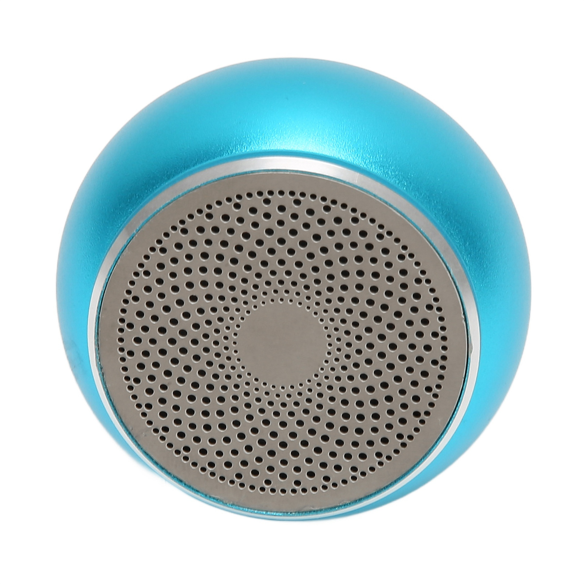 Blauer, eiförmiger Bluetooth-Lautsprecher, mit perforiertem Metall und einem silbernen Rand.
